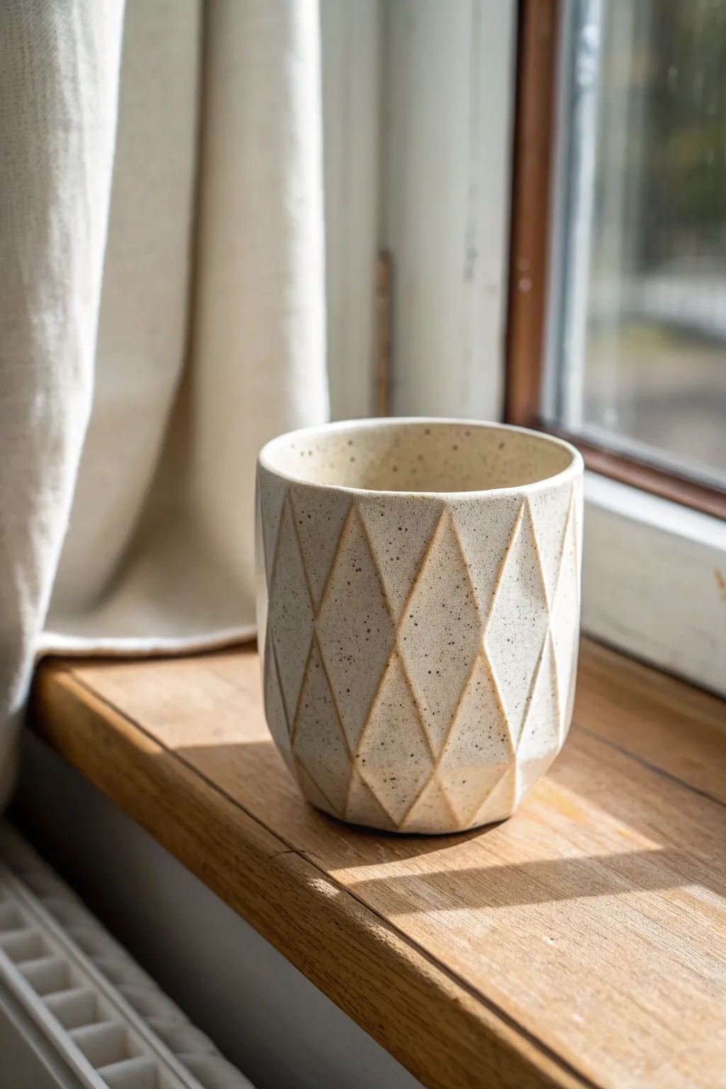 Hand-carved faceted tumbler in soft window light, where crisp planes and shadows reveal form