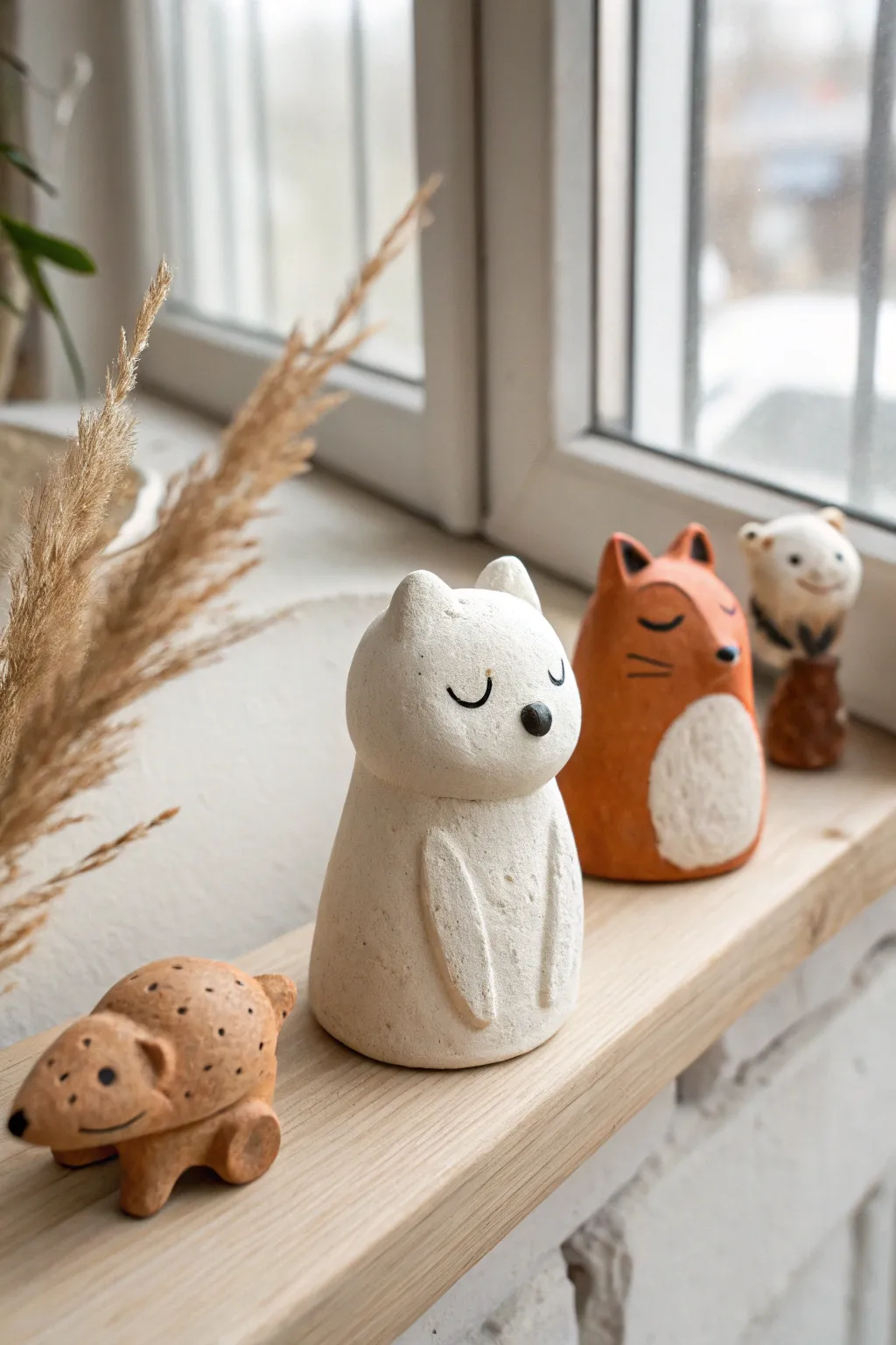 Tiny clay animal trio on a light wood shelf, minimalist Scandinavian charm for sweet gifts.