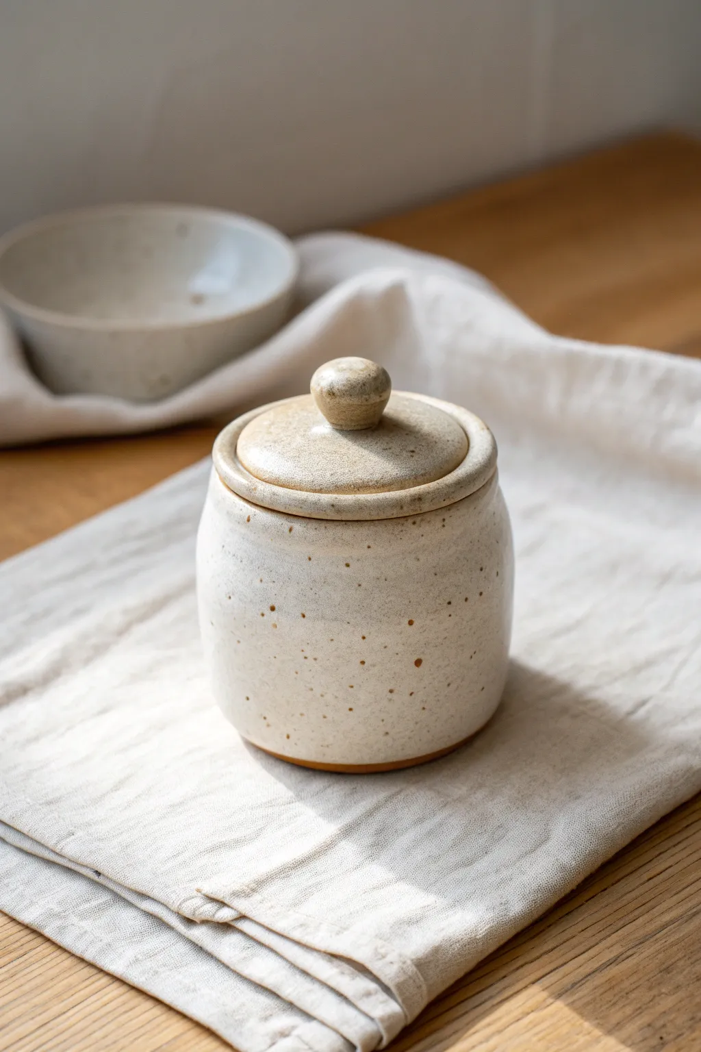 Beginner-friendly tiny lidded pinch jar, photographed slightly open to show the fit