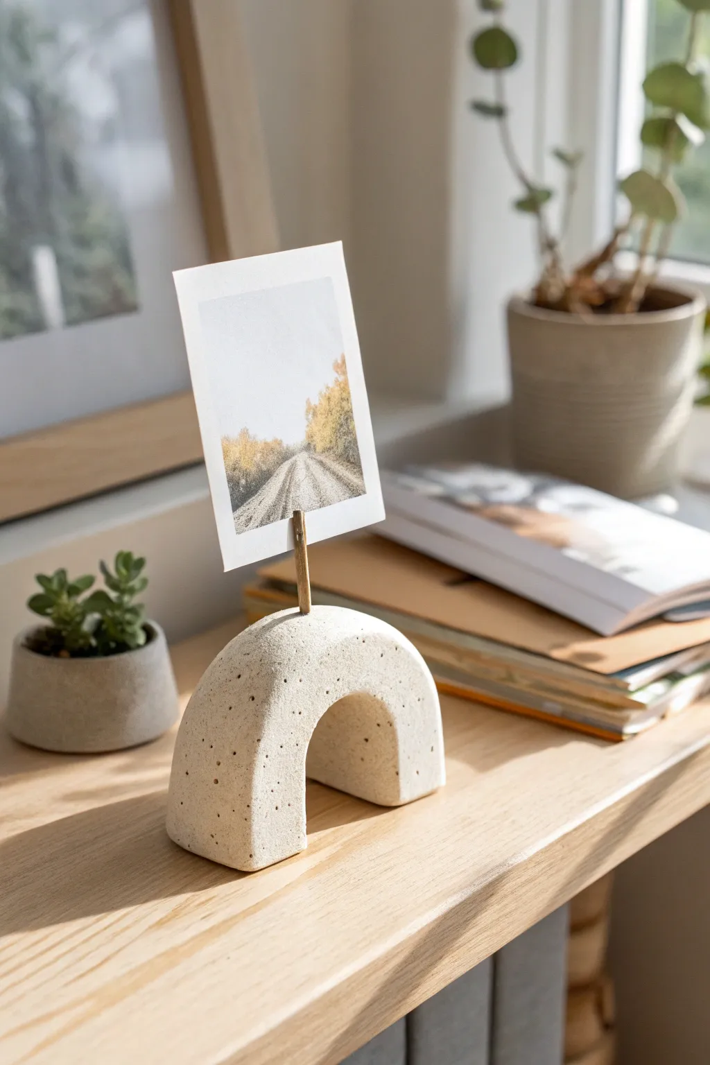 Minimal clay photo holder clip in warm stoneware, styled on an oak shelf for a calm desk vibe