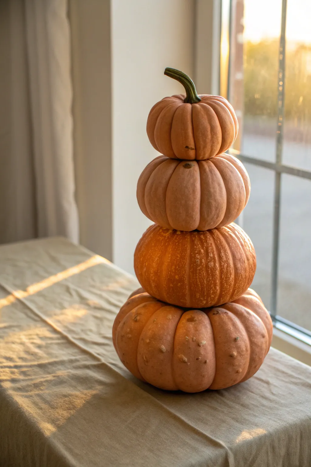 Stacked clay pumpkin topiary centerpiece in warm fall light, minimalist and softly boho.