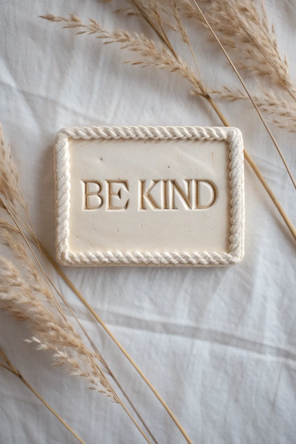 Minimal clay relief tile with bold raised lettering and textured border, Scandinavian boho vibe