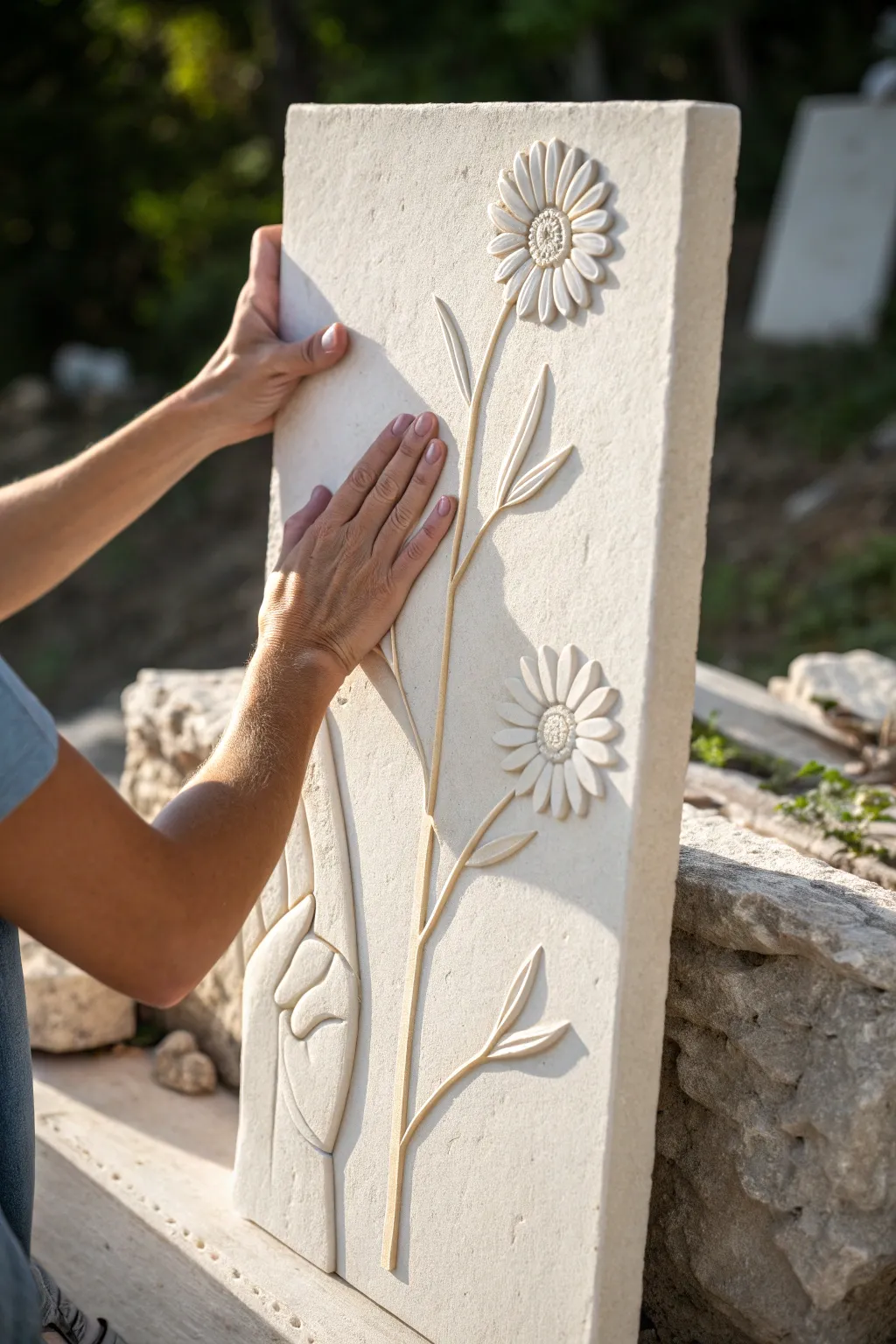 Simple clay relief panel: two gentle hands holding a wildflower, carved background for depth.