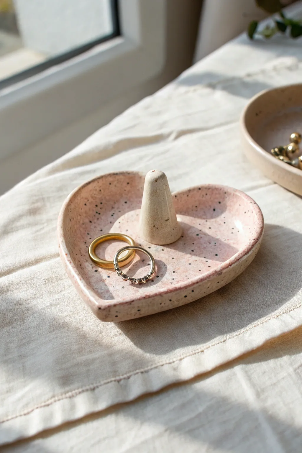 Blush heart ring holder dish with a tiny post, simple rings, and soft Scandinavian charm.