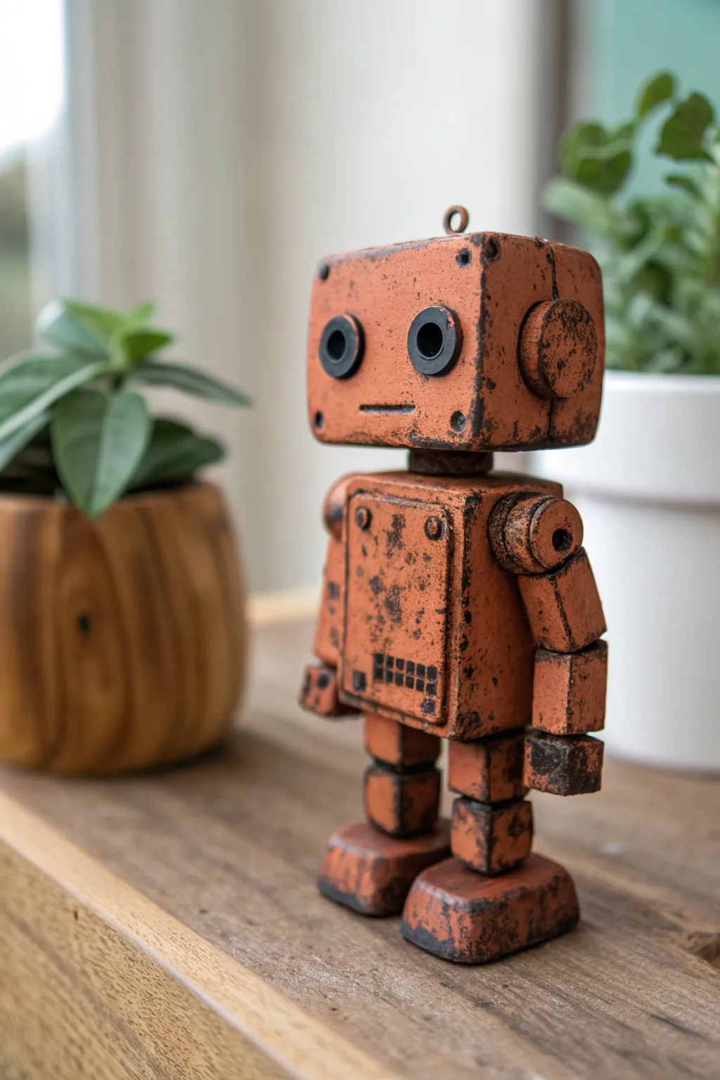 Chunky clay robot in warm rust tones, softly weathered, styled minimal on natural wood