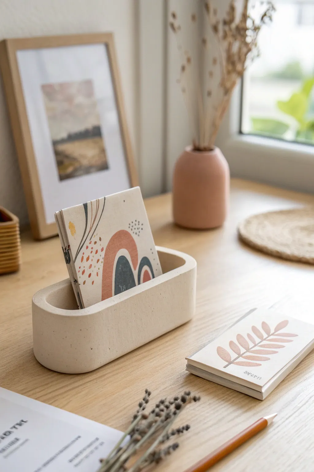 Soft neutral clay postcard stand for a calm desk vignette, minimalist style with a boho touch.