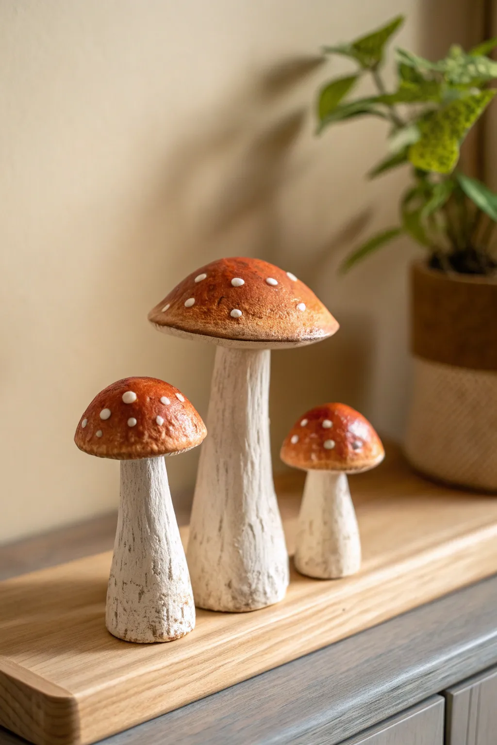 Tiny clay mushroom trio with speckled caps, a simple beginner-friendly forest cluster