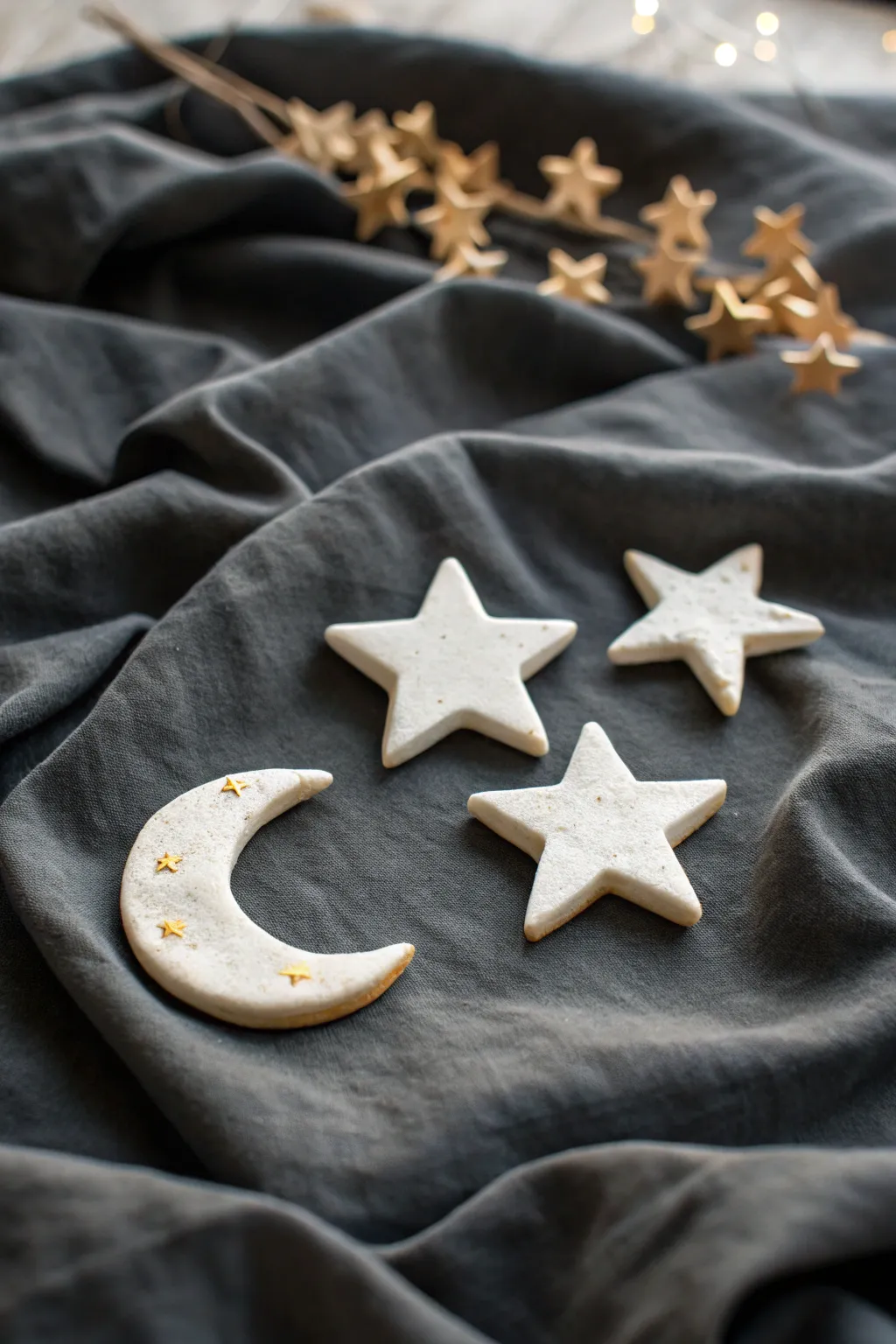 Matte white moon and star clay minis with pale gold accents on dark linen, simple and dreamy
