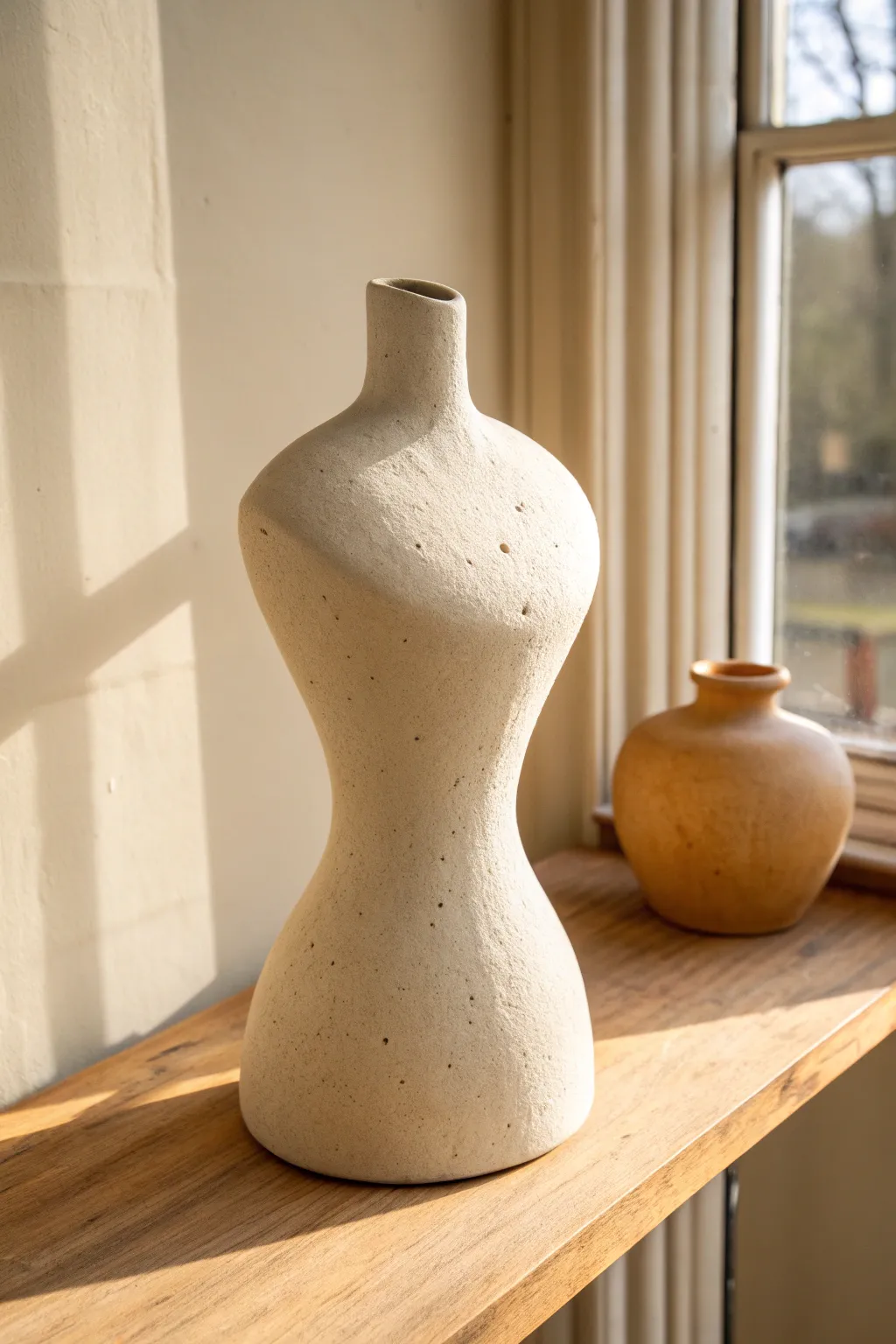 Minimal body-form clay vase sculpture, softly lit on an oak shelf for modern Nordic calm.