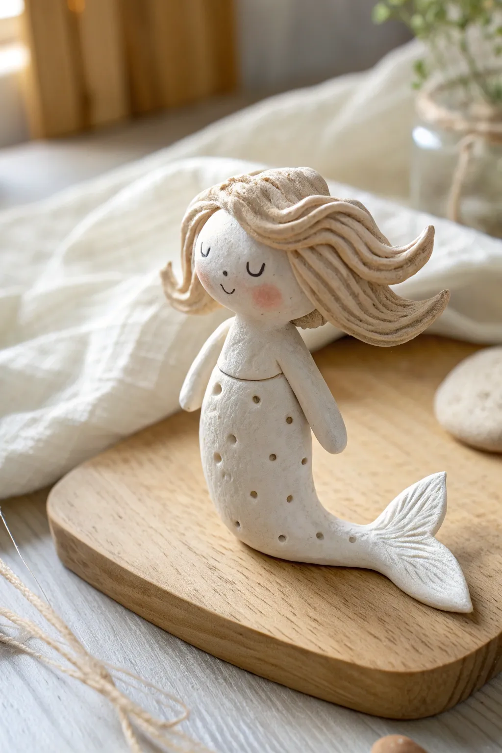 Easy clay mermaid for kids: rounded body, big swoopy hair, and a simple flat tail fin.