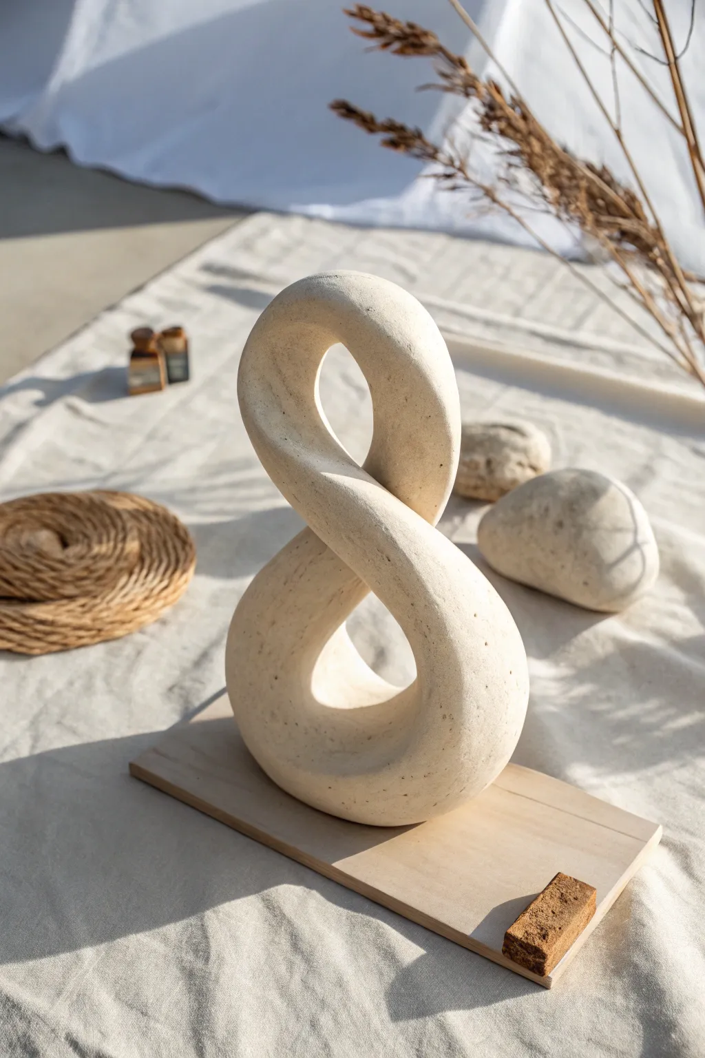 Minimal clay loop sculpture with striking negative space and dramatic side-light shadows