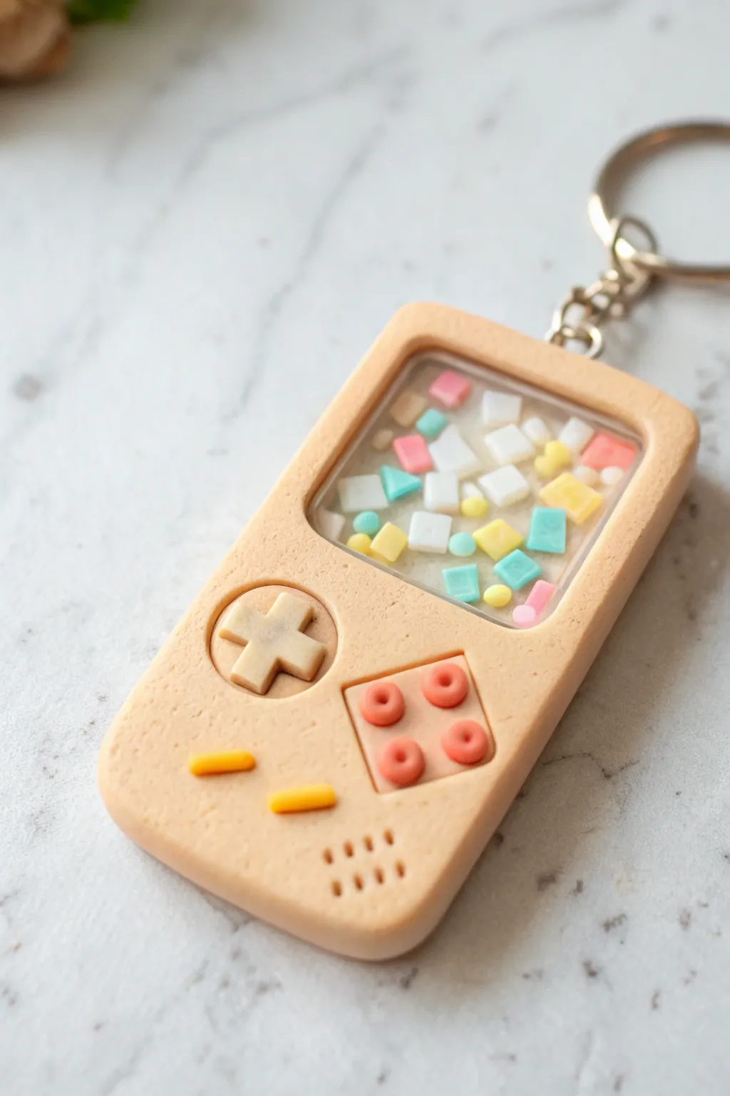 Retro game-inspired clay shaker with pixel confetti, a sweet minimalist charm for your next project.
