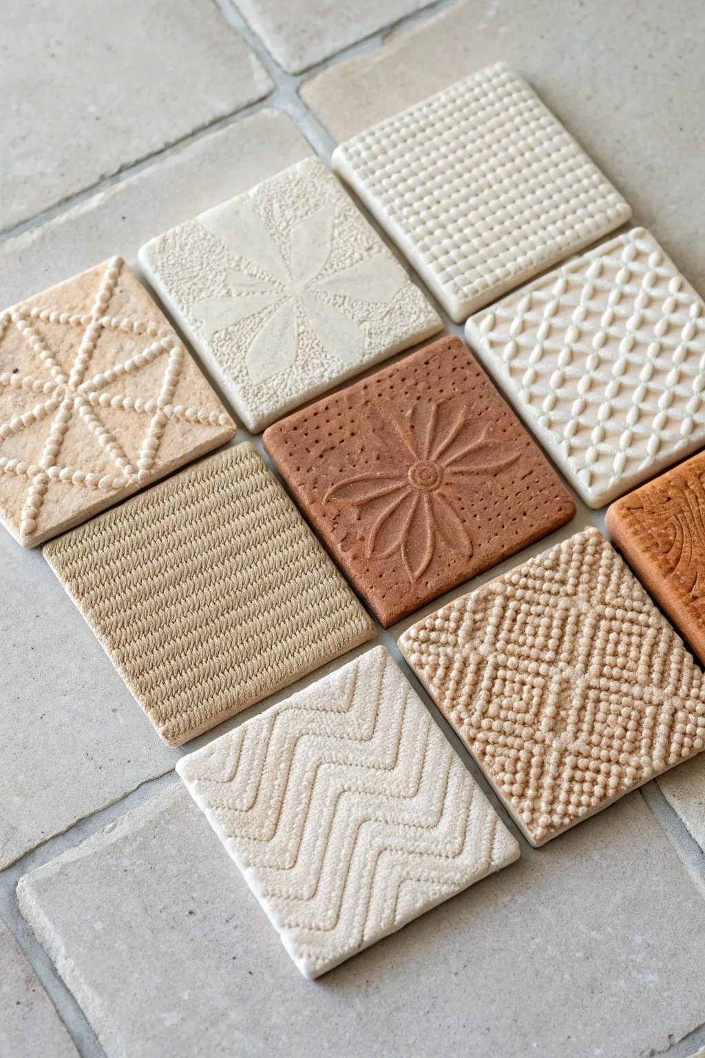 Pressed fabric texture sampler tiles in calm neutrals, perfect for simple slab art inspiration.