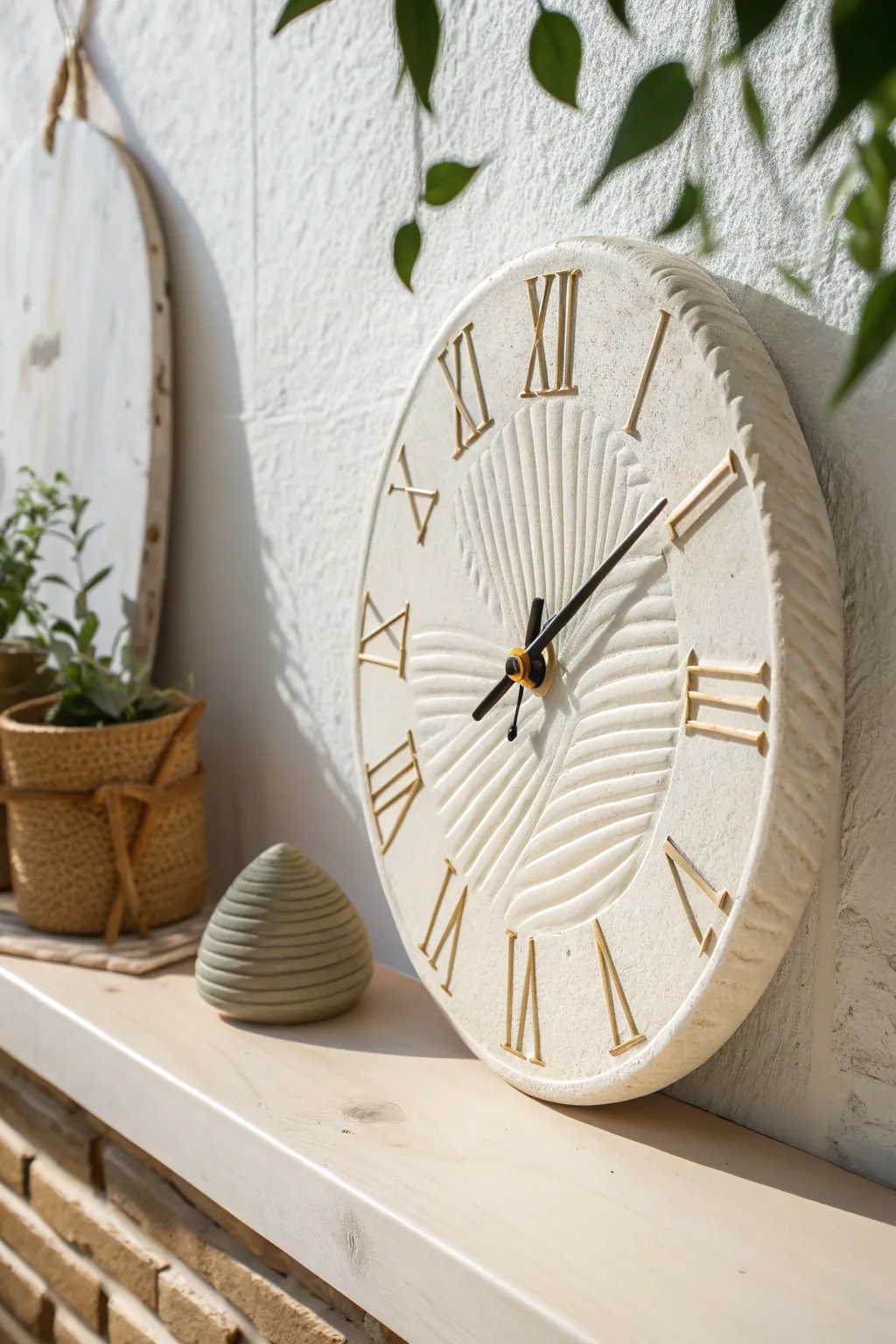 Curved ceramic slab clock face with carved markers, minimalist wall decor with handmade warmth.