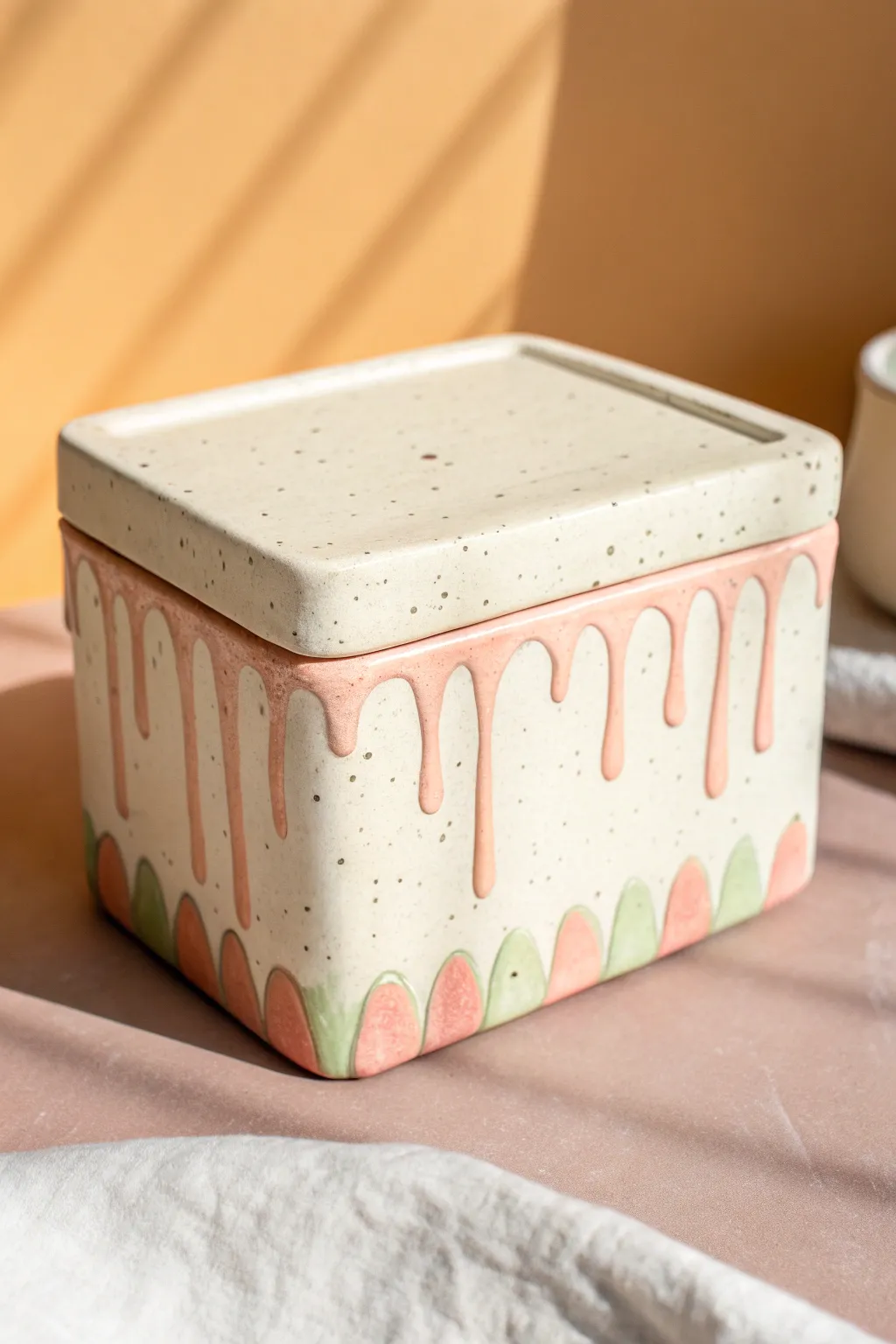 Playful slab dessert box with drippy icing lid, minimalist Scandinavian vibe and sweet color pop.