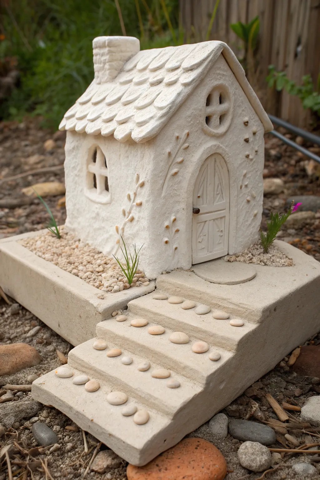 Tiny slab house on a landscaped base, chunky steps and garden details, easy and charming.