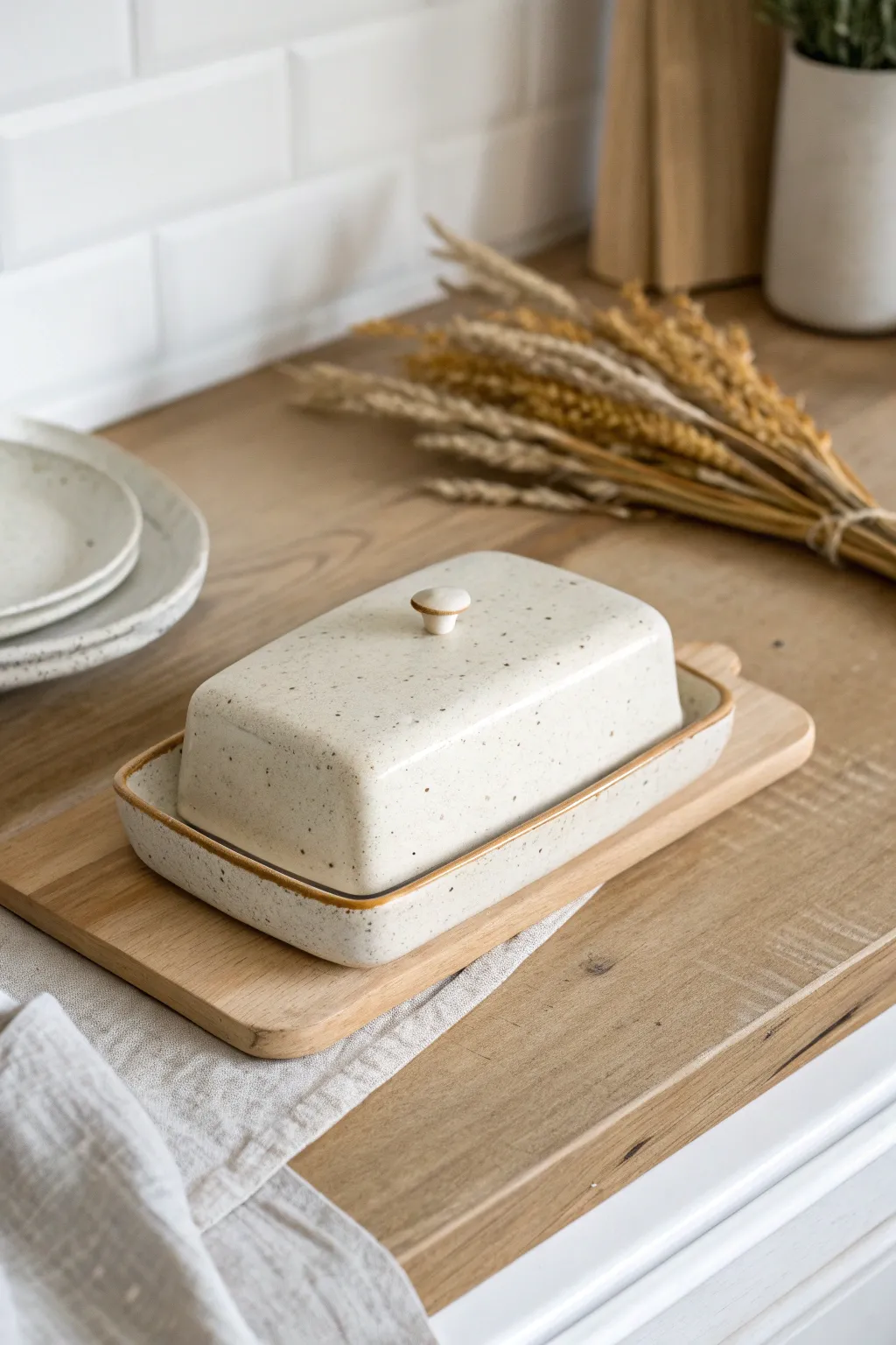 Tiny slab-architecture butter dish in matte stoneware, styled simply on linen and oak.