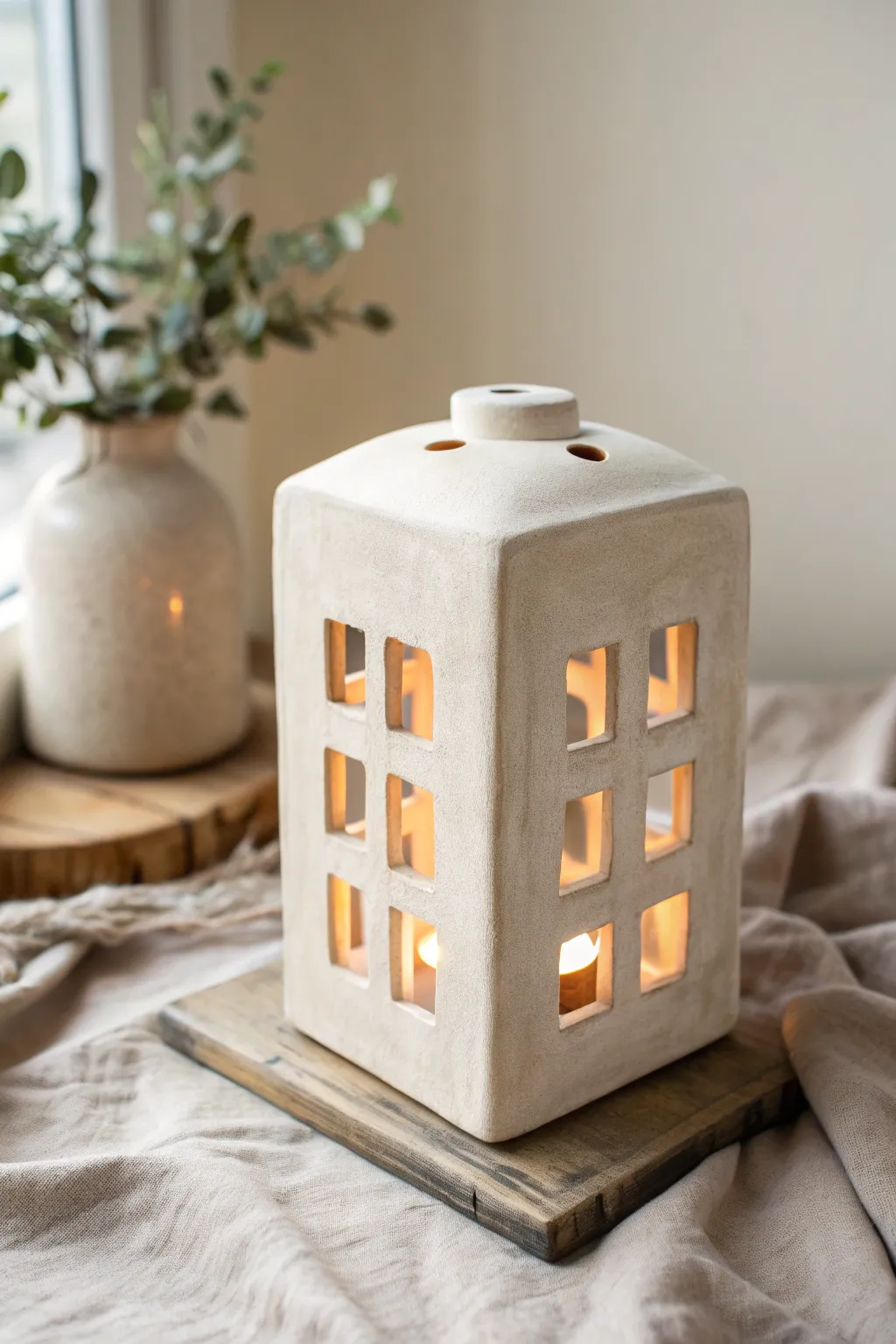 Minimal slab lantern with glaze-dipped ombre and warm cutouts for a cozy, modern glow