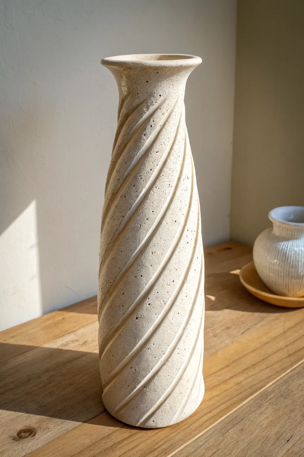 Gentle spiral slab vase in matte stoneware, Scandinavian minimal with a soft boho warmth.