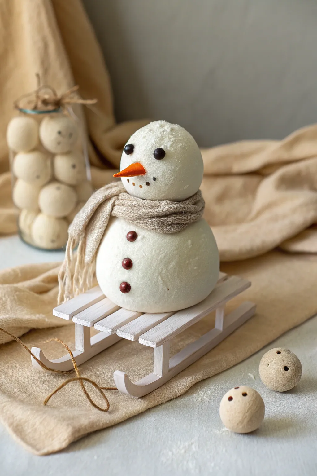 Cozy clay snowman on a tiny sled, a simple winter vignette with sweet handmade charm.