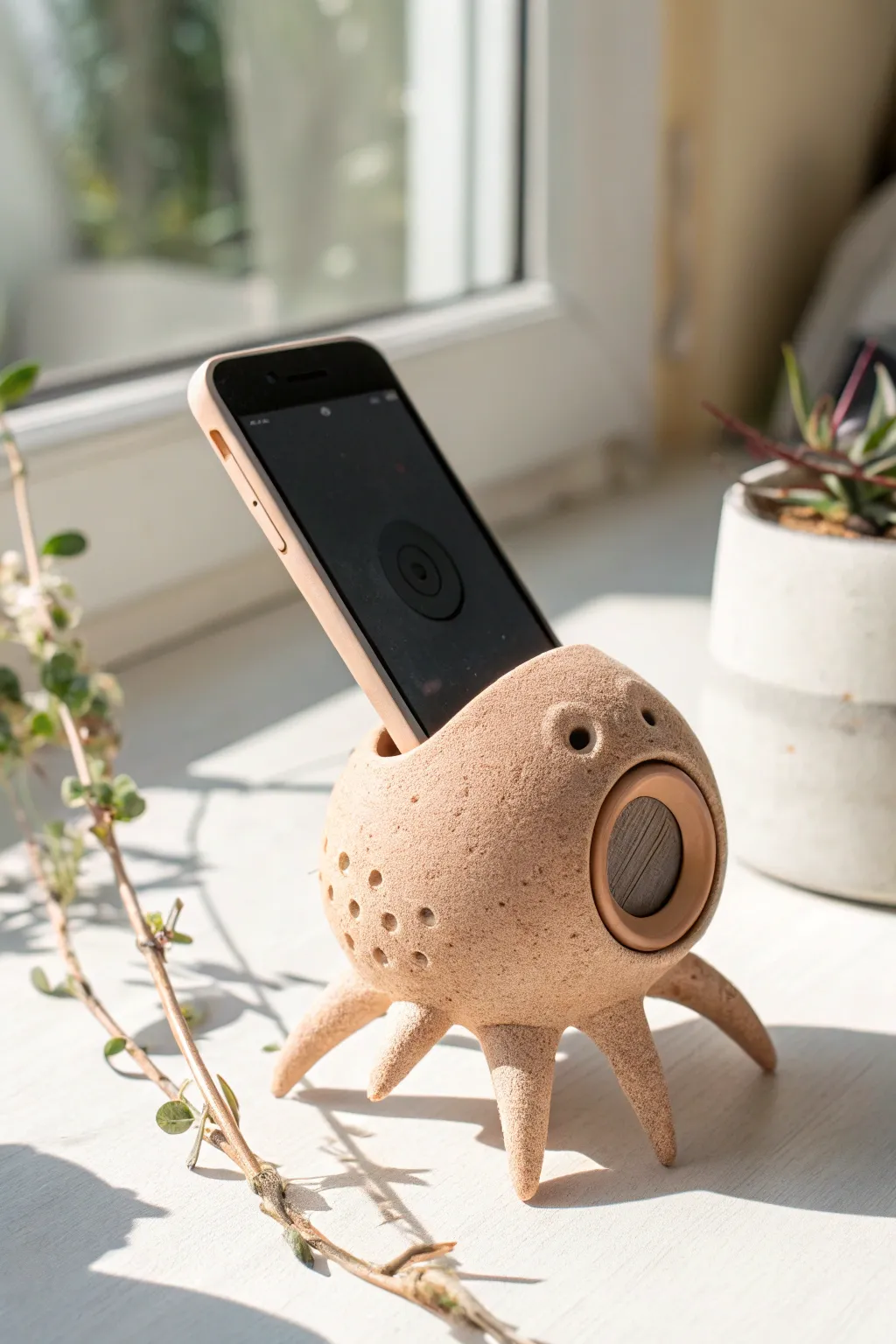 Tentacle tripod clay phone speaker stand, minimalist boho charm with bold sound port.