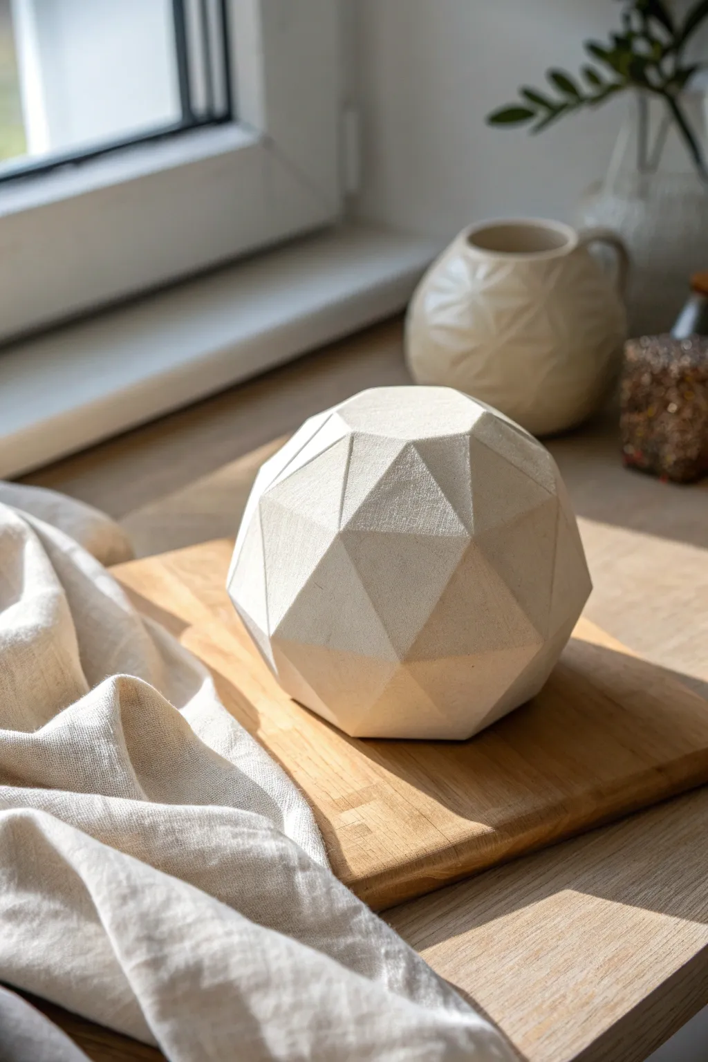 Matte faceted clay sphere in soft off white, minimalist geometry with warm natural contrast
