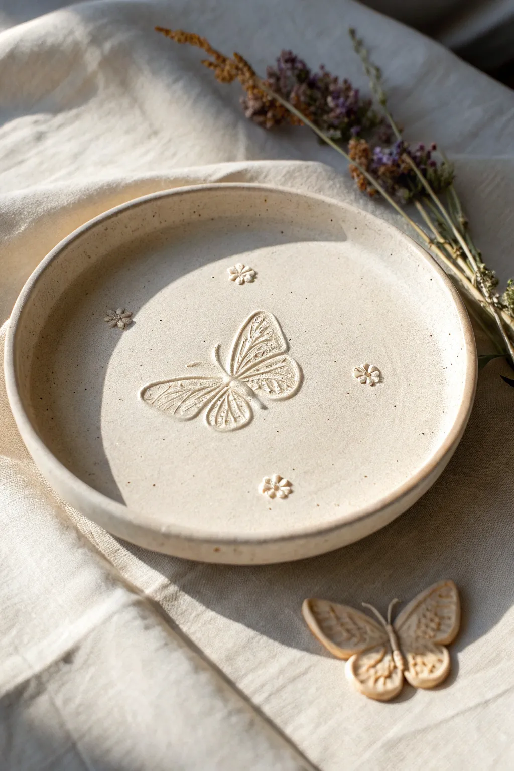 Minimal butterfly-stamped plate with tiny accents for a light, whimsical clay impression