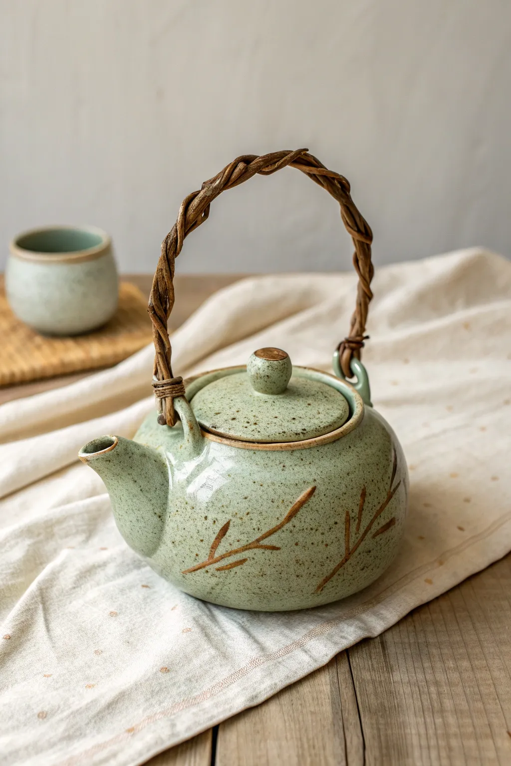 Vine-handle teapot with a leafy spout in soft greens and earthy browns, simple and serene
