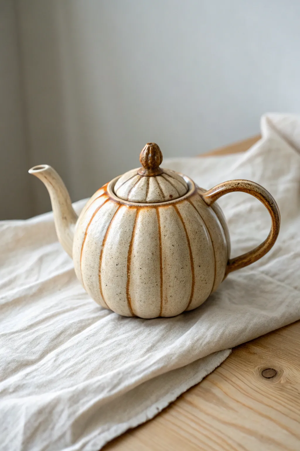 Pumpkin-shaped clay teapot with a twisted stem knob in warm earthy tones, minimal and cozy