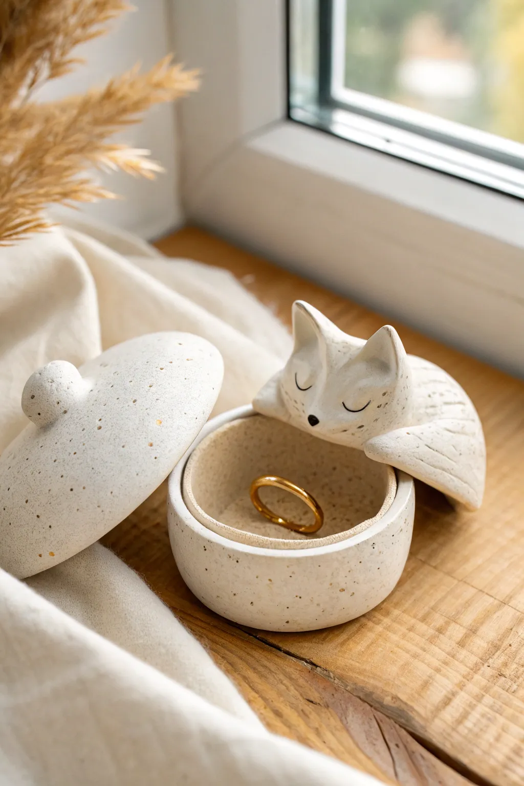 Secret-lid fox trinket box with a tiny ring hidden inside, minimalist and irresistibly cute