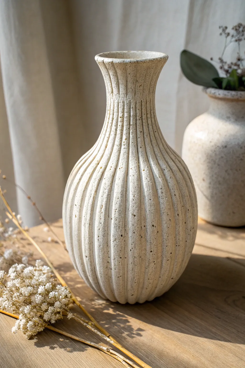 Fluted wheel-thrown vase, side-lit to highlight finger grooves and clean Scandinavian texture