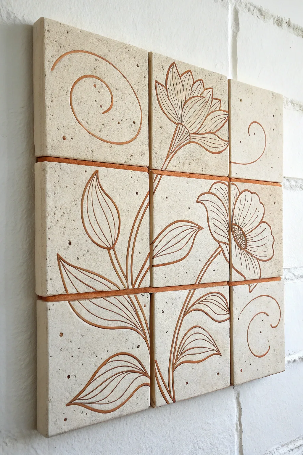 Puzzle mural clay tiles in soft neutrals, a simple boho-scandi statement for your wall.