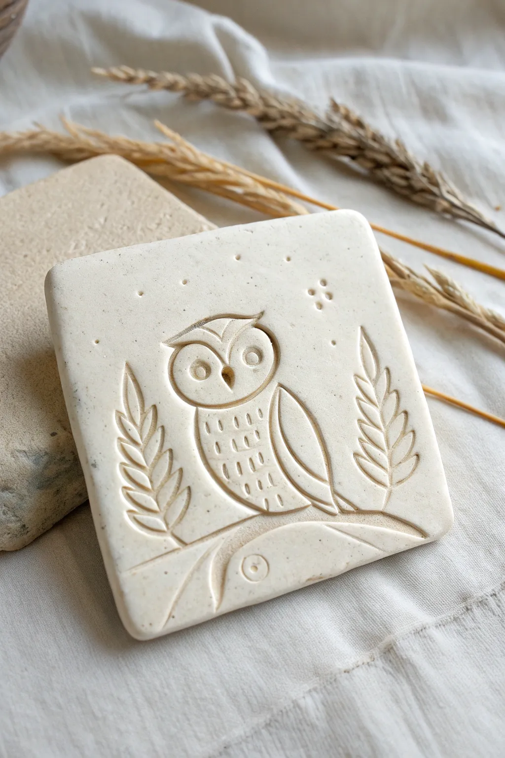 Minimal owl bas-relief clay tile with soft texture and warm wash, simple and charming