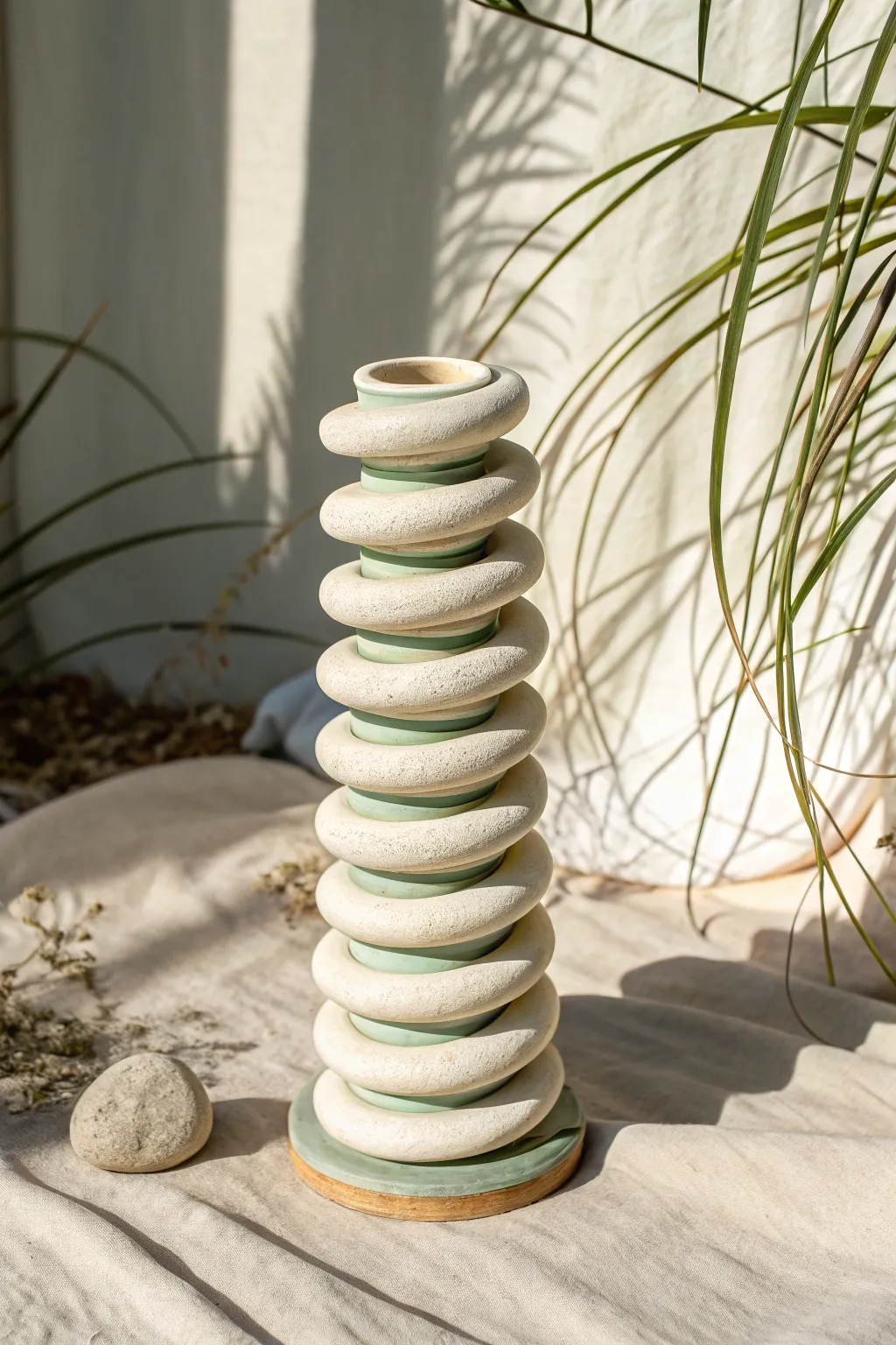 Spiral coil totem with gentle twists in creamy glaze, minimalist Scandinavian boho vibe.