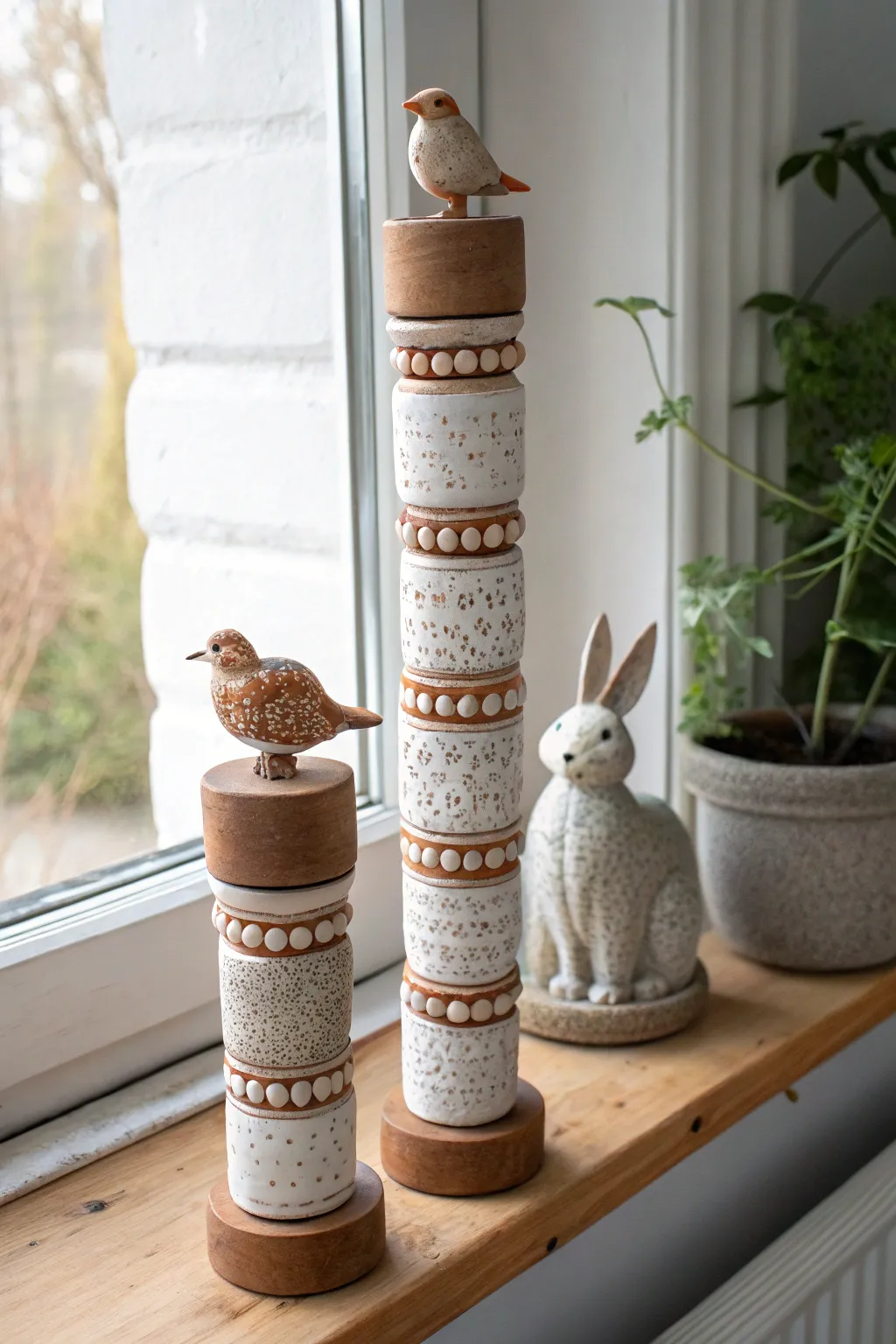 Mini clay totem trio with sweet animal toppers, an easy boho touch for shelf or sill.