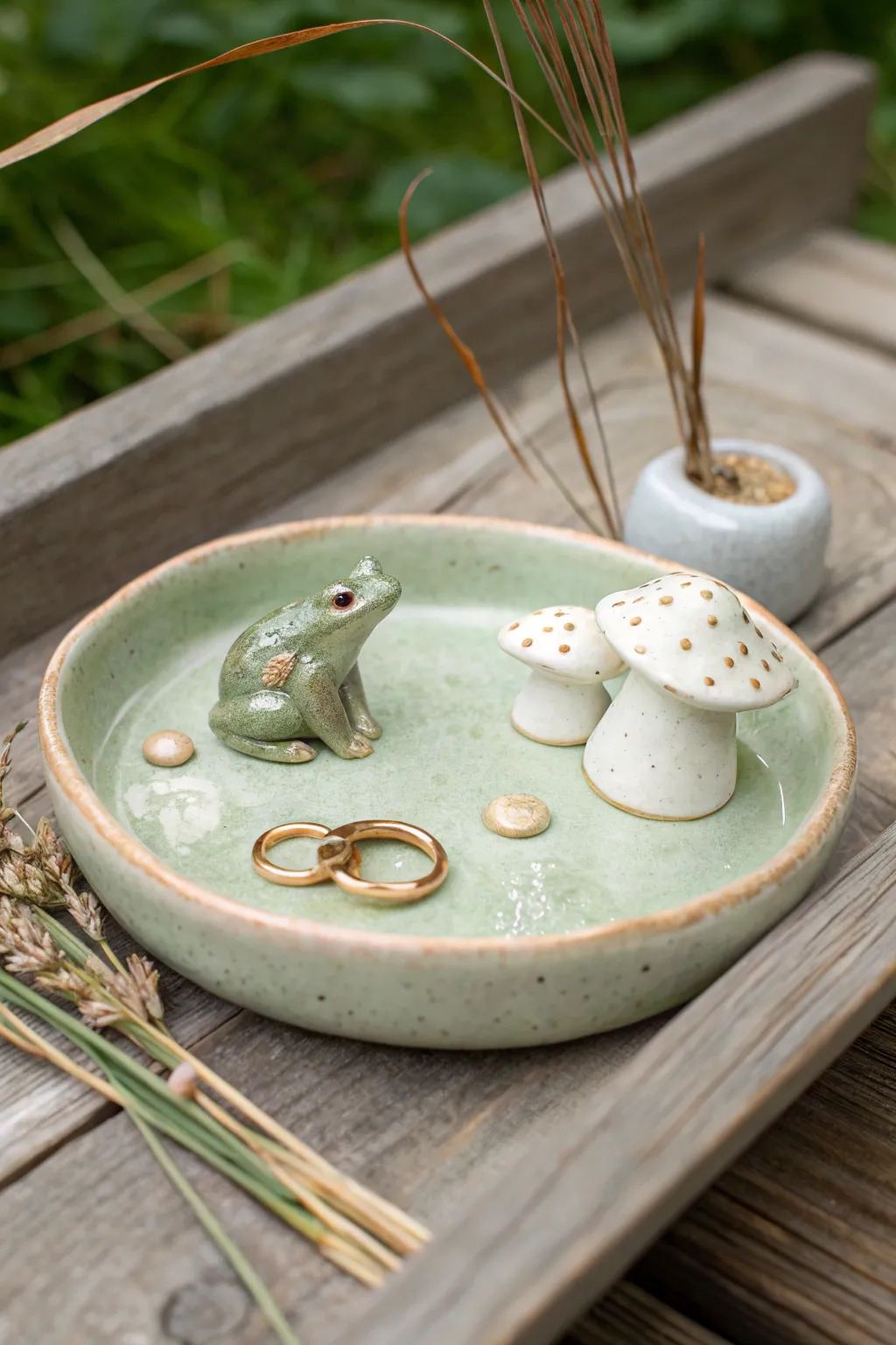 A minimalist frog pond tray with tiny mushrooms, styled with just two rings for calm charm
