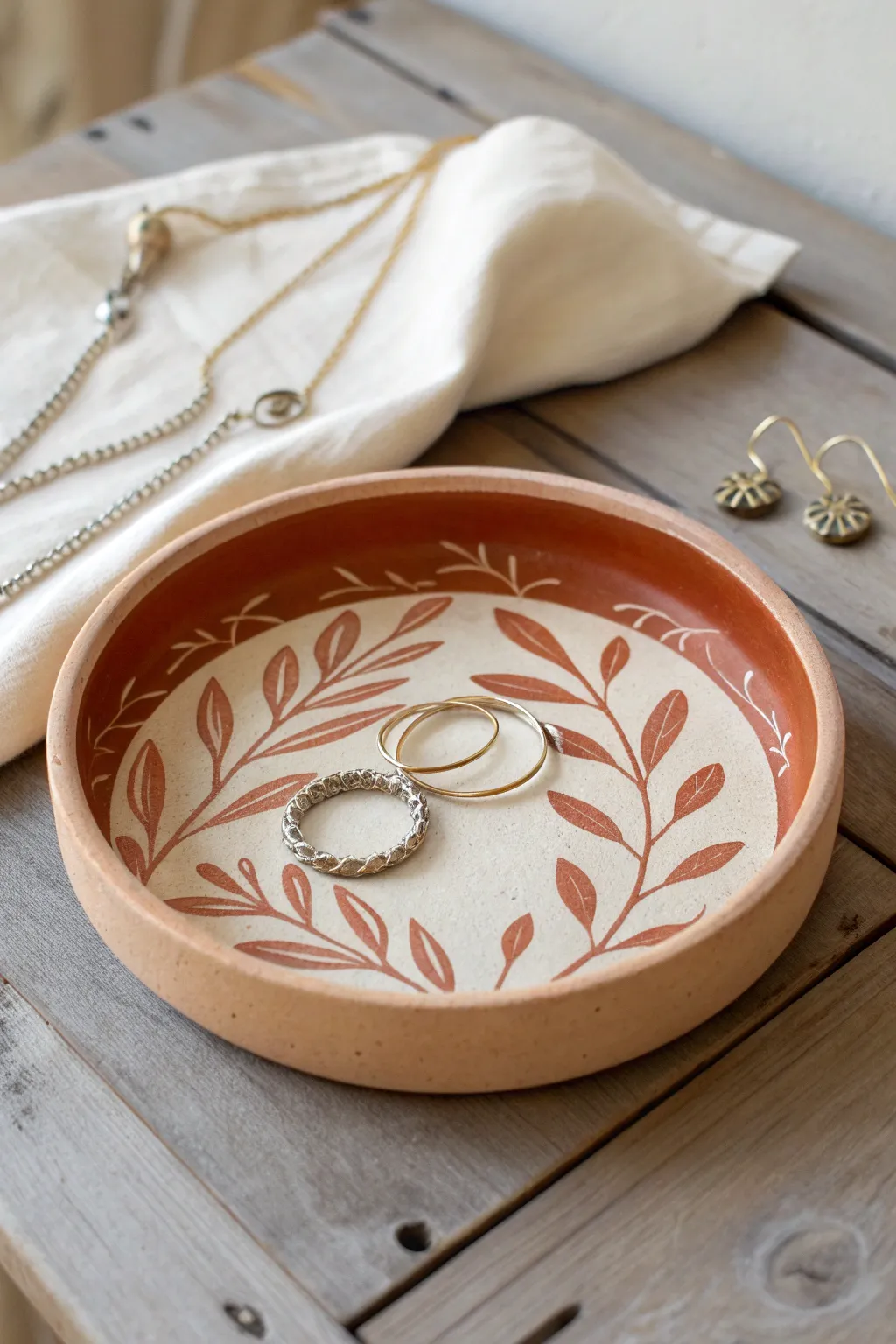 Minimalist sgraffito clay tray with a leafy scratch pattern, styled with delicate jewelry