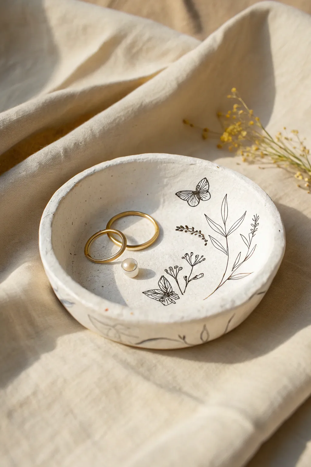 Minimal white clay trinket dish with hand-drawn style decals, perfect for storing tiny earrings.