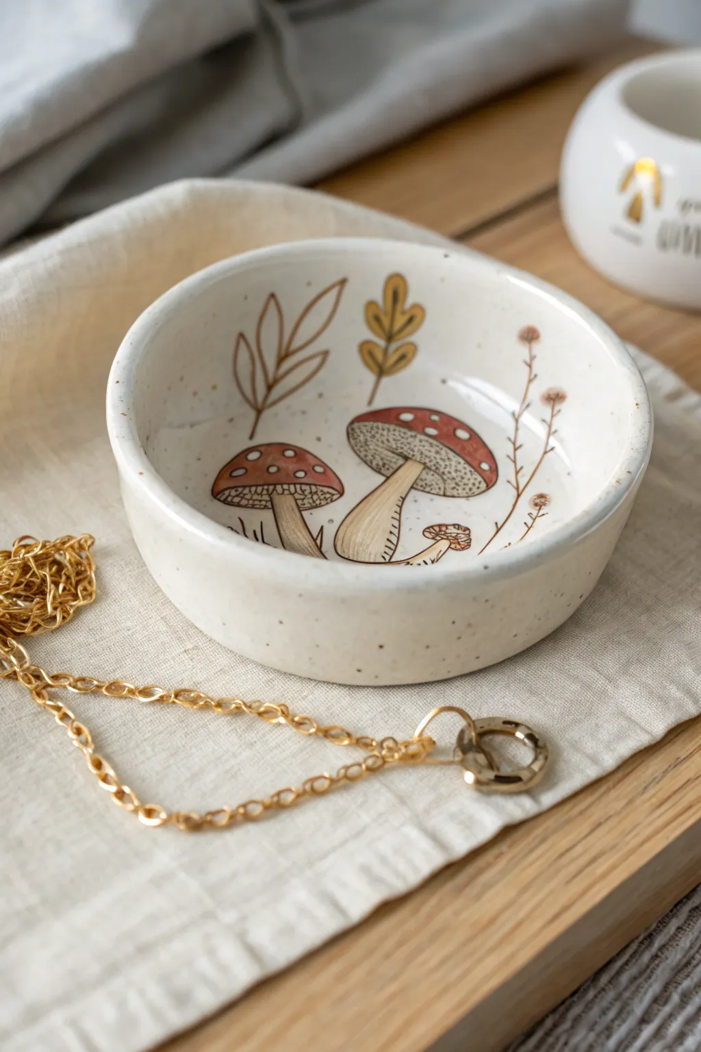 Sweet mushroom trinket dish with a draped necklace—minimal, handmade charm for tiny treasures.