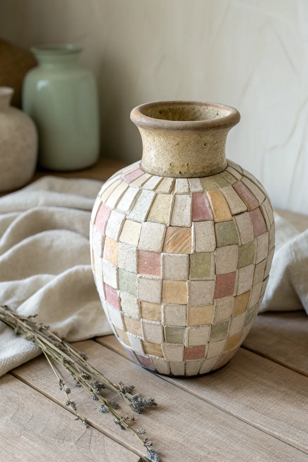 Patchwork slab mosaic vase in soft neutrals for an easy, cozy handbuilt clay look