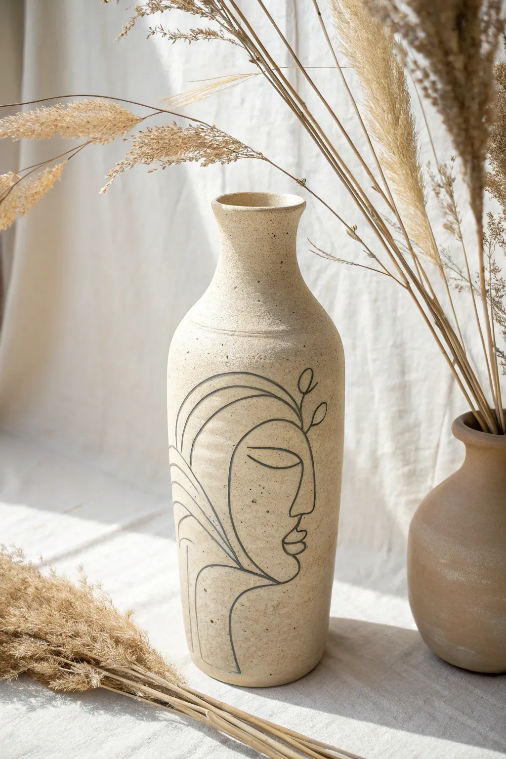 Minimal face line art vase in matte clay, styled with airy dried stems for calm modern charm.
