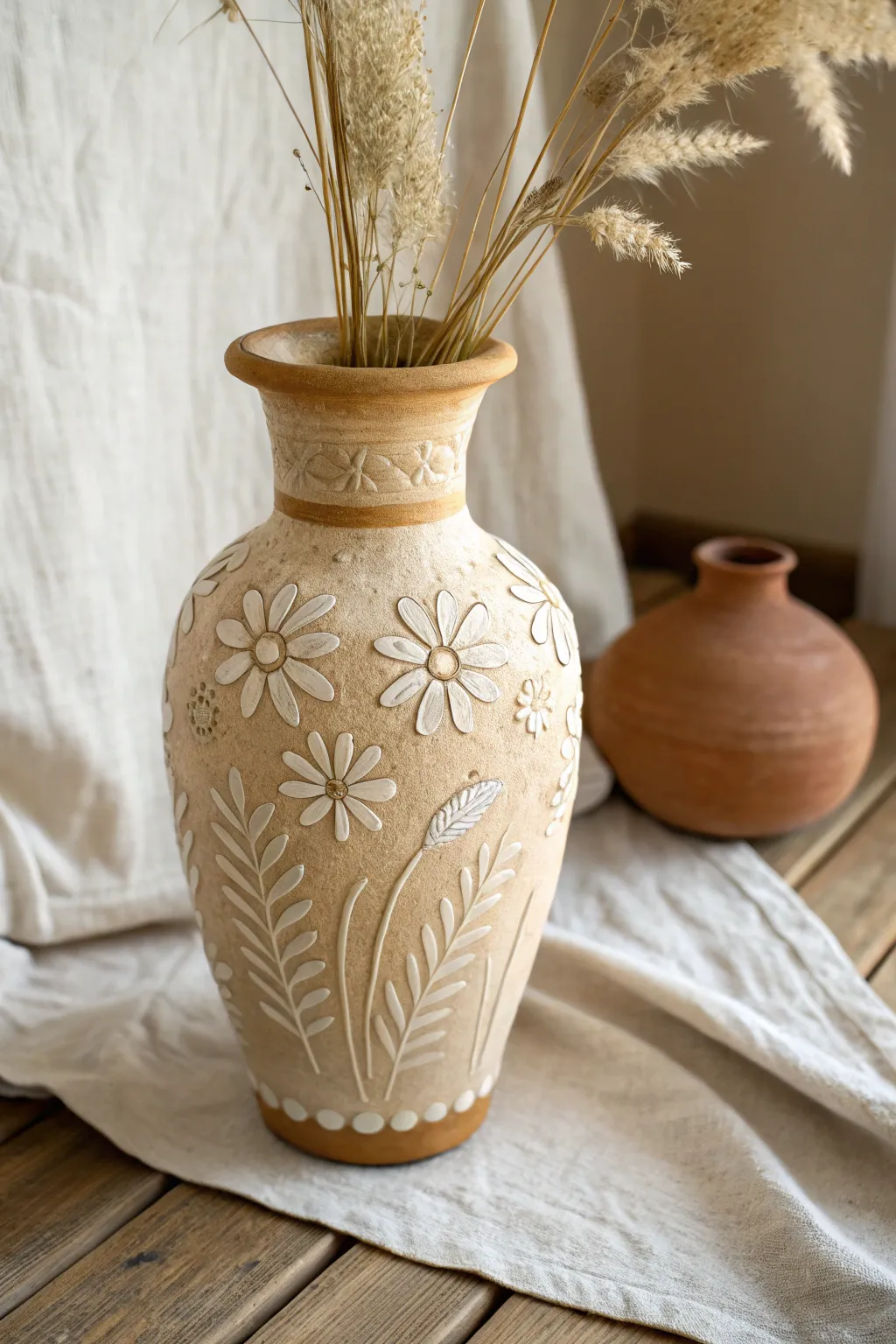 Warm terracotta vase with raised floral appliqué and soft dried florals in minimalist boho style