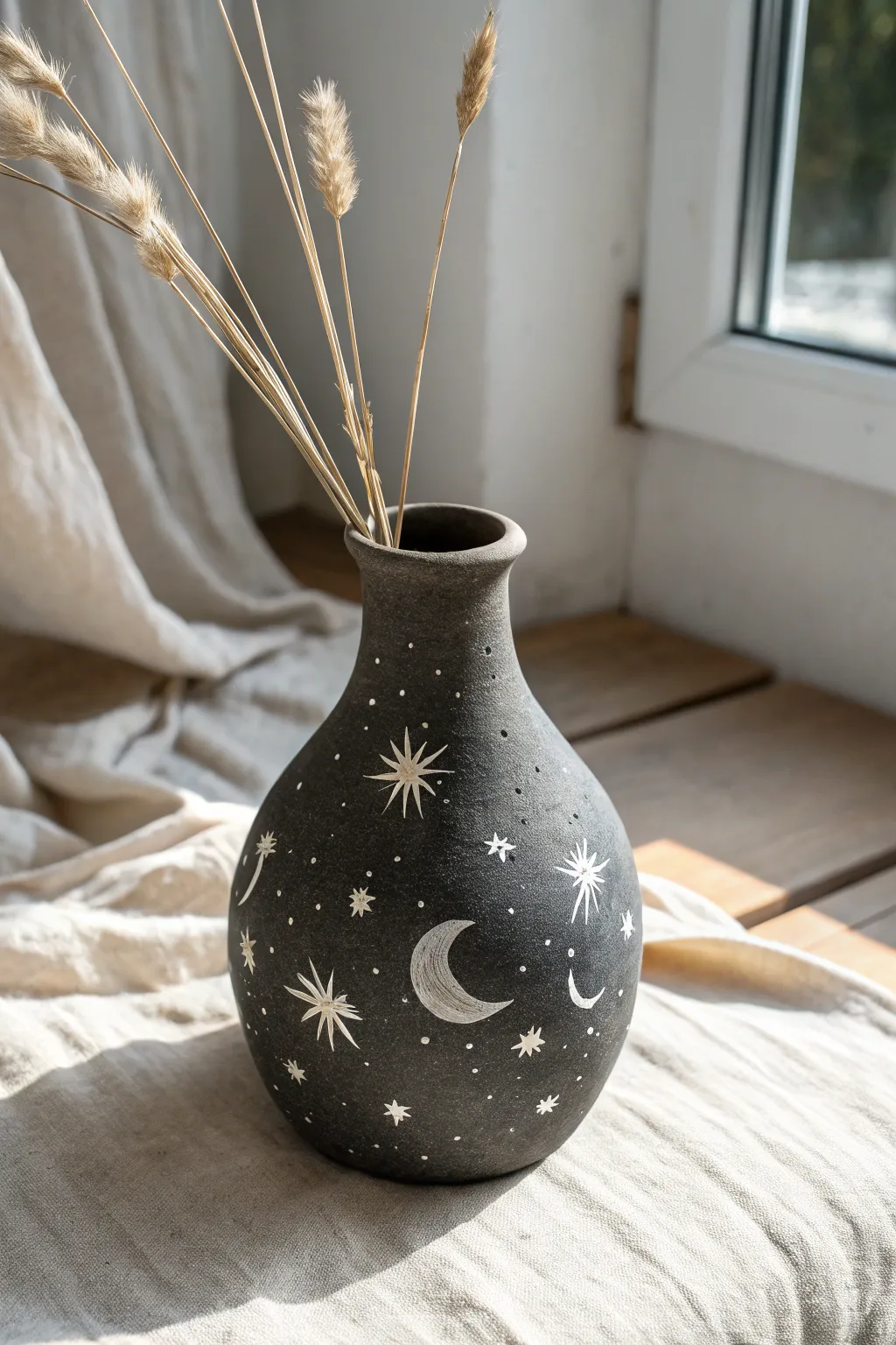 Moody celestial night-sky vase with moons, stars, and soft speckles in minimalist boho style