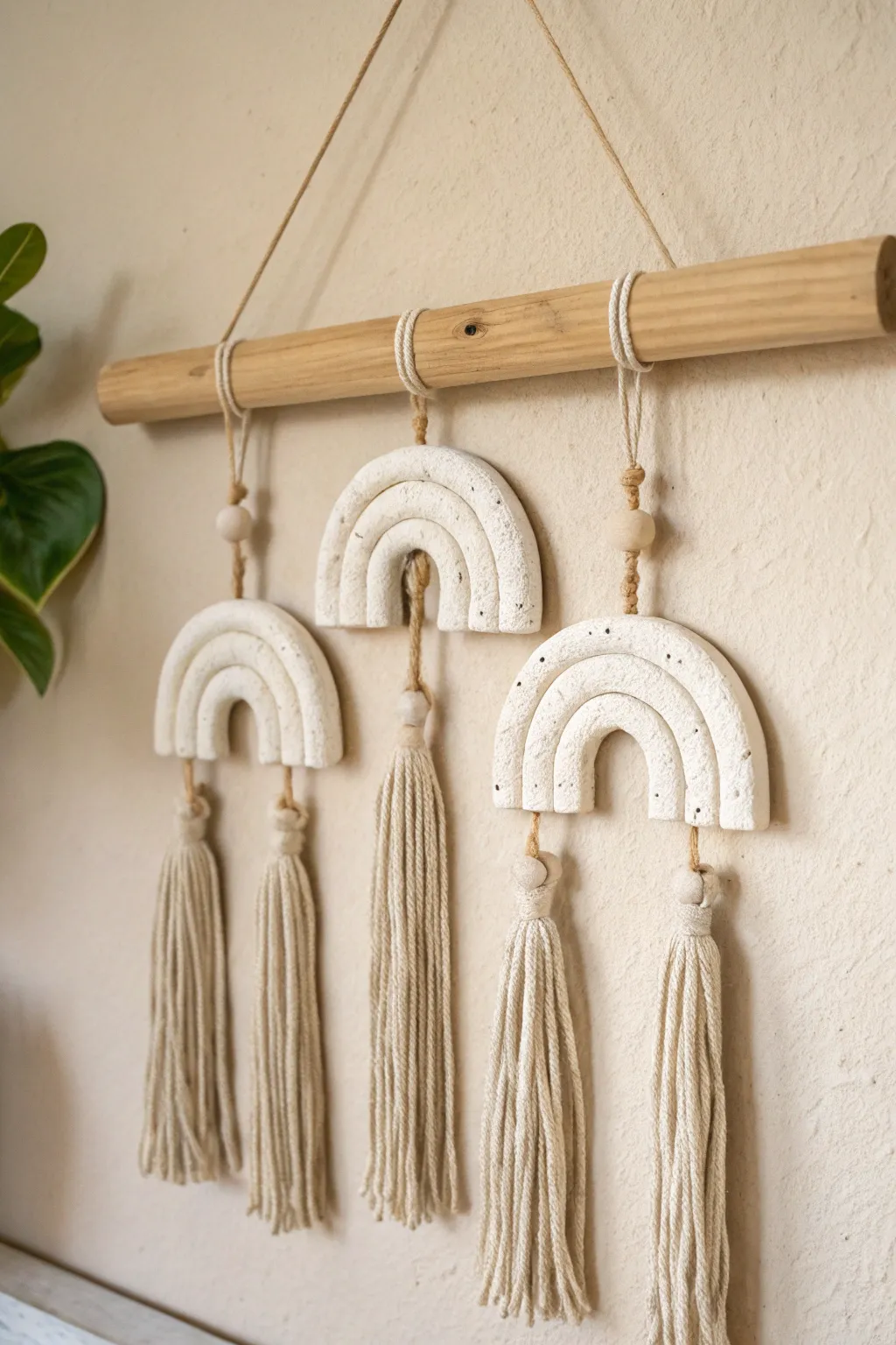 Minimal clay arches paired with soft yarn tassels for a calm, boho Scandinavian wall hanging
