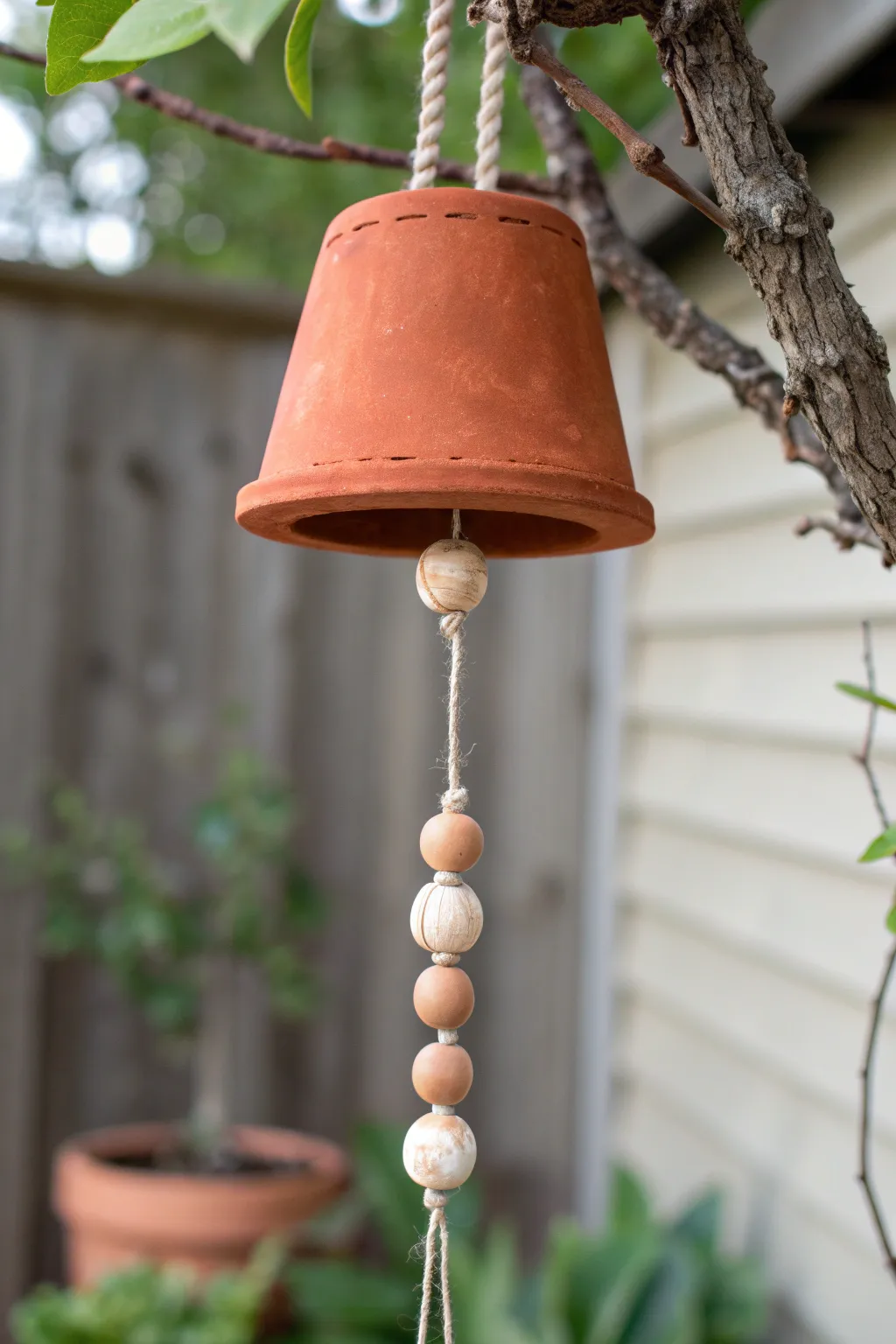 Mini planter bell wind chime with clay and wood beads, styled by terracotta pots in soft light