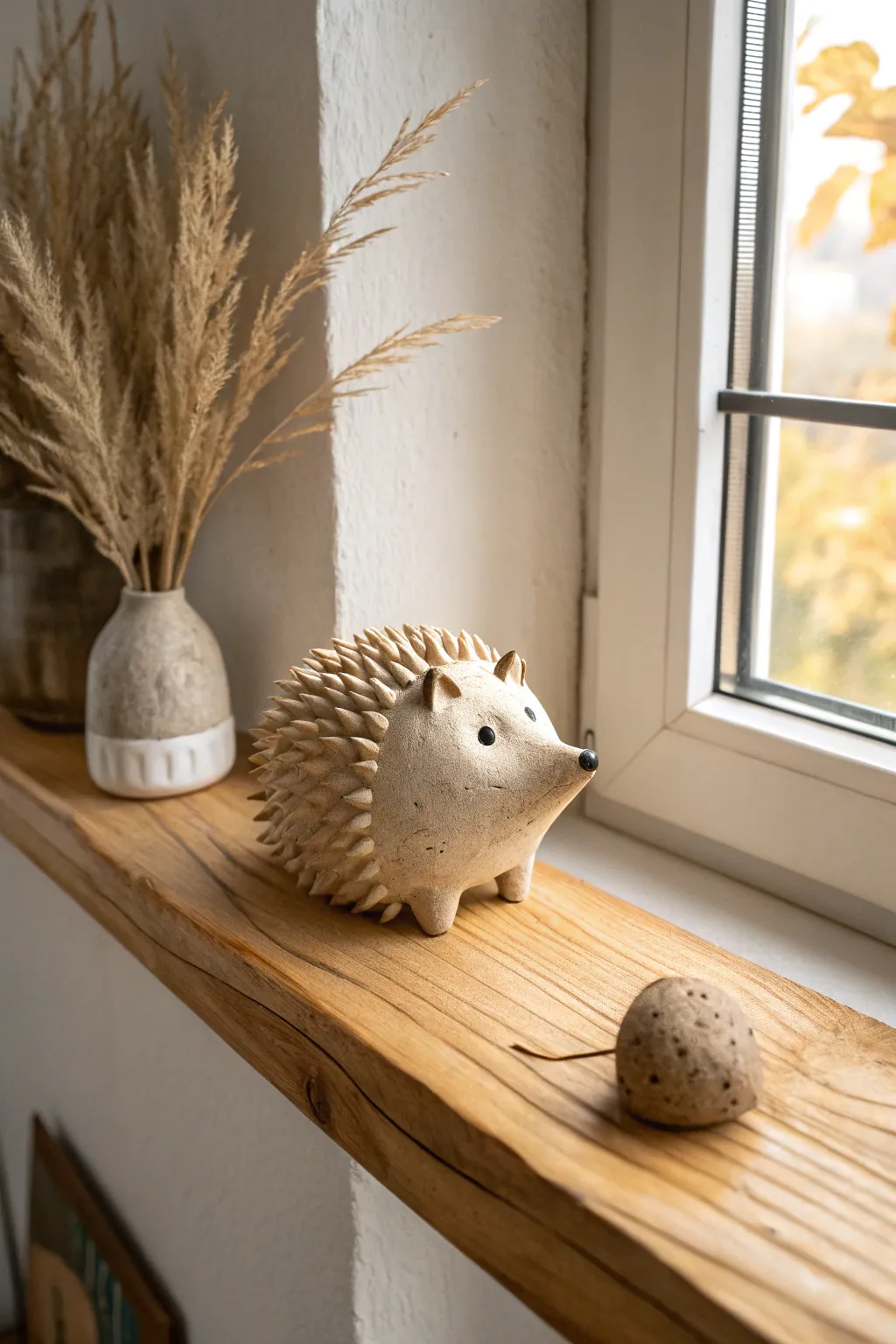 Beginner-friendly clay hedgehog figurine in soft neutral tones, styled on a minimalist shelf