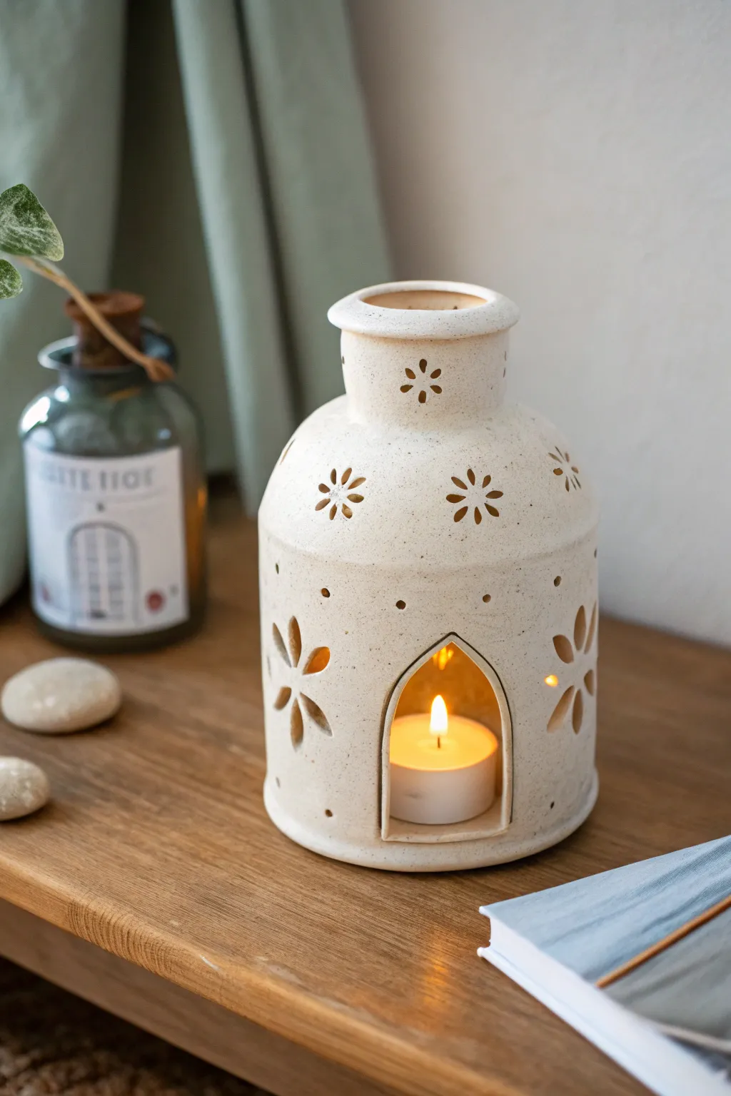 Minimal ceramic cutout lantern glowing softly, perfect cozy clay workshop inspiration.