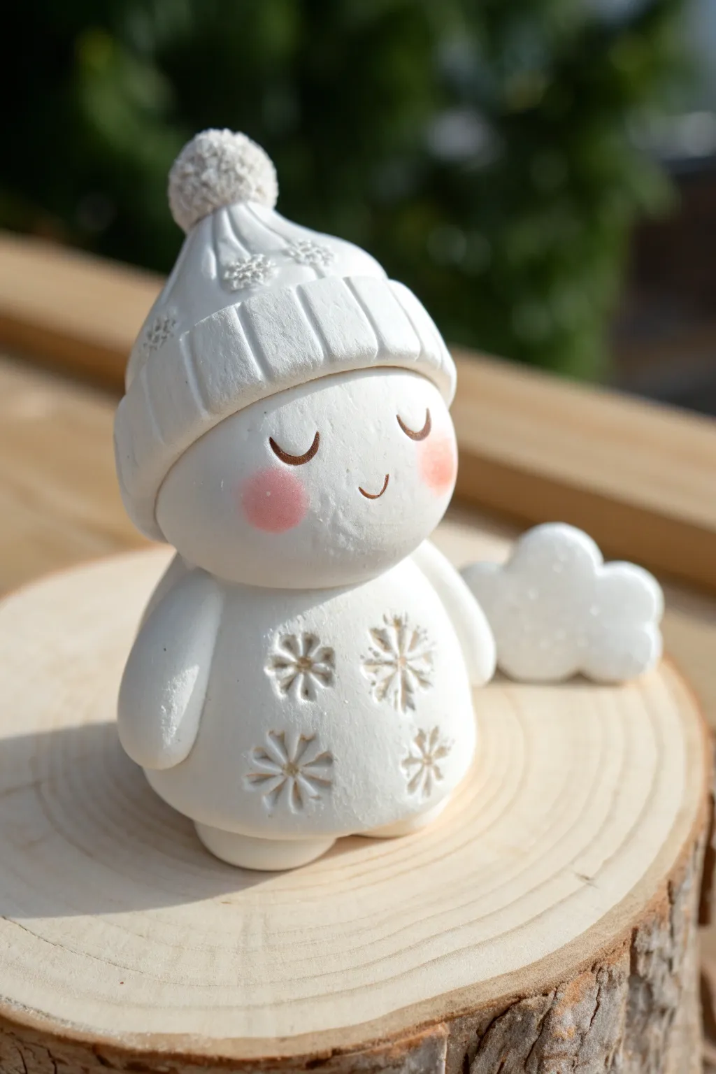 Cozy snow cloud character with rosy cheeks, a simple hat, and snowflake details for winter charm