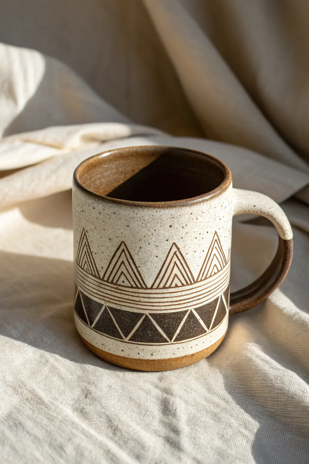 Crisp Mishima inlay triangles and waves give this minimalist mug a bold, modern contrast.