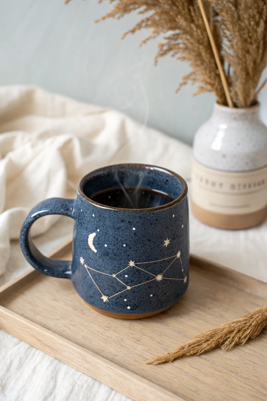 Cozy night-sky mug in deep navy, speckled stars and constellation lines for dreamy coffee moments